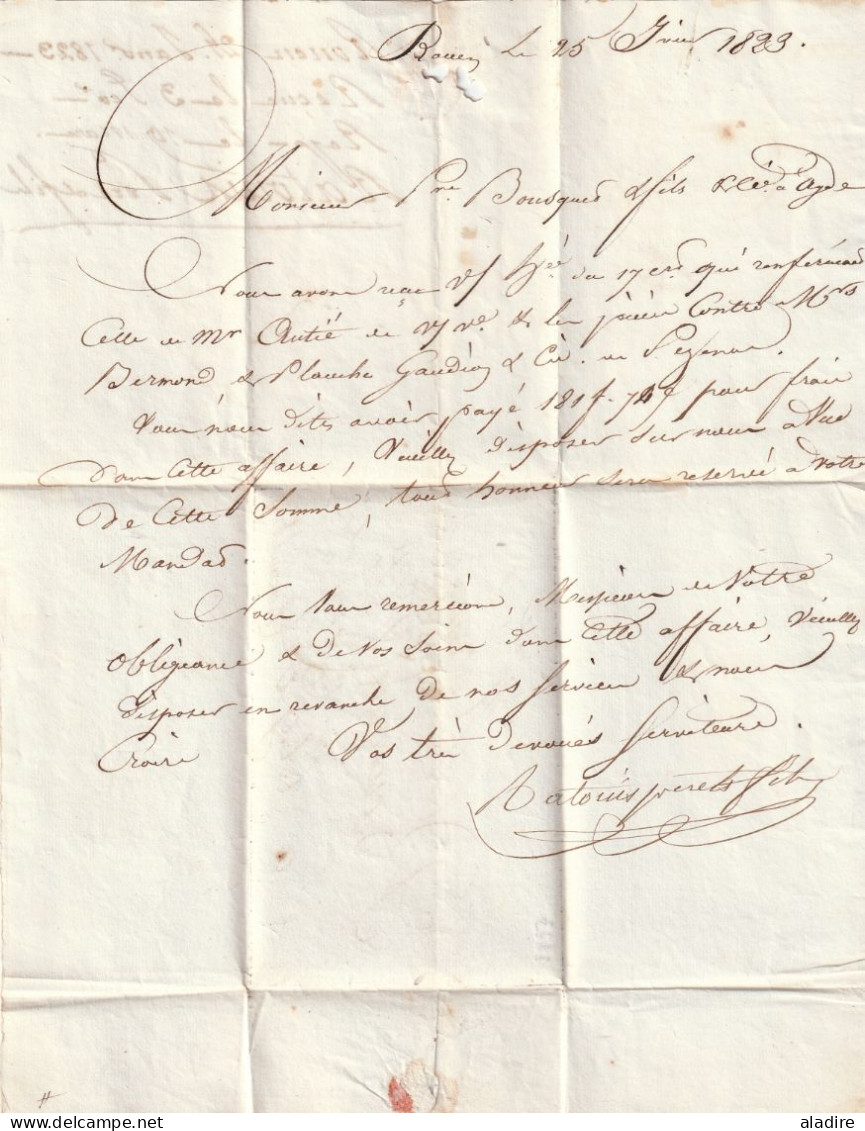 1823 - Marque Postale 74 ROUEN Sur  Lettre Vers AGDE, Hérault - Taxe 10 - Règne De  Louis XVIII - 1801-1848: Précurseurs XIX