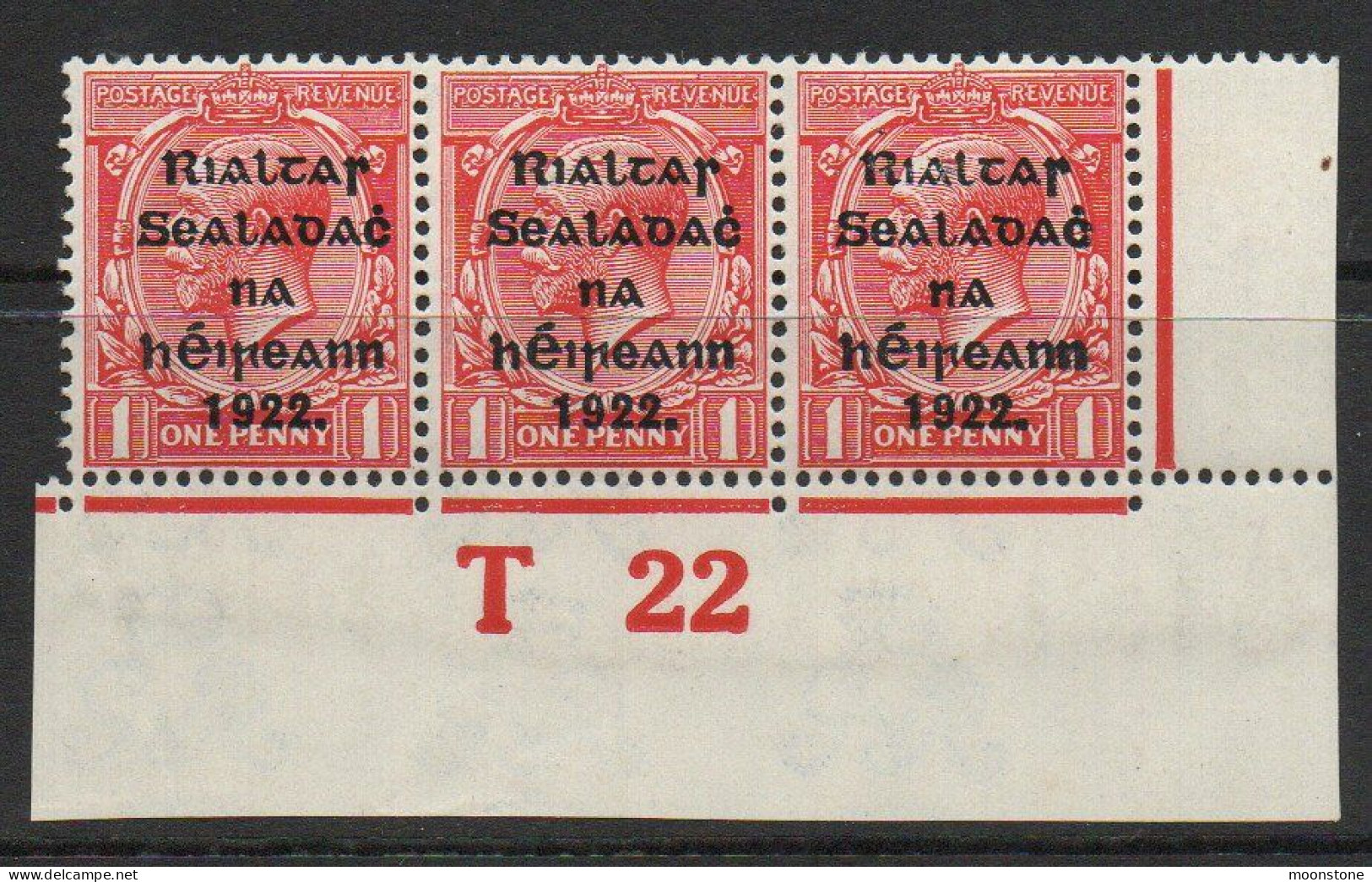 Ireland 1922 Thom Rialtas Blue-black Overprint On 1d Scarlet, T22 Control Strip Of 3, Hinged Middle Stamp Only, SG 48 - Neufs