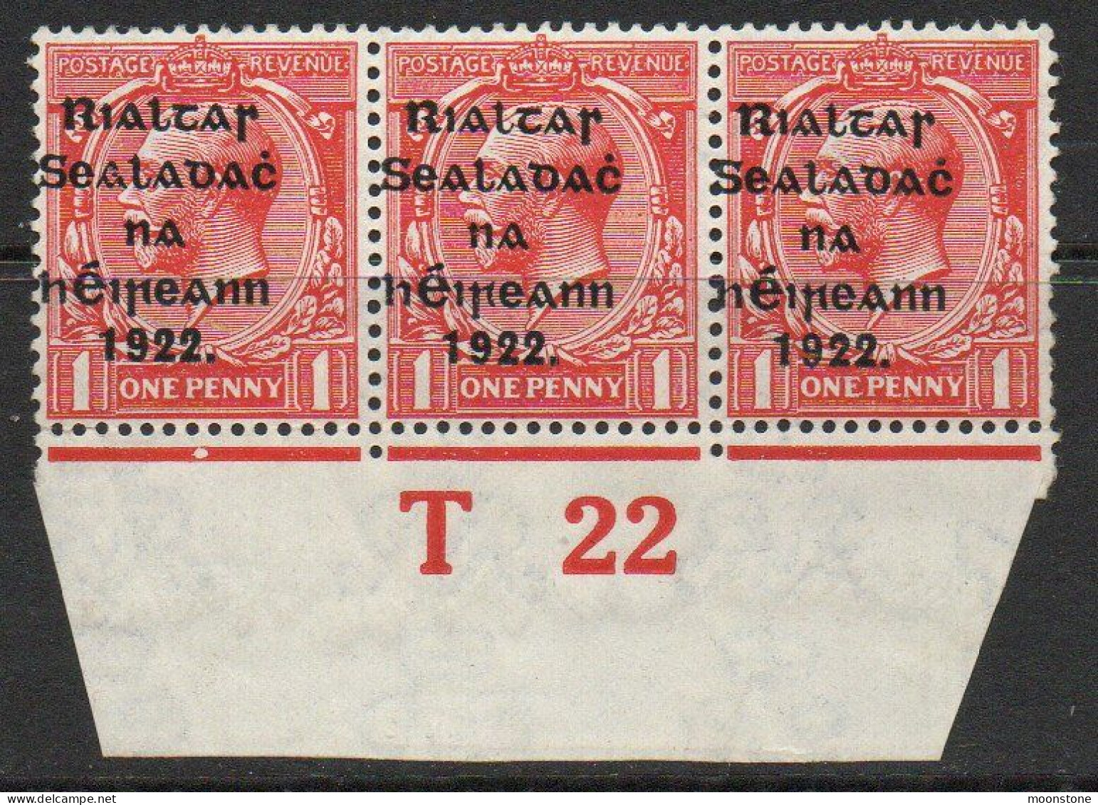 Ireland 1922 Thom Rialtas Blue-black Overprint On 1d Scarlet, T22 Control Strip Of 3, MNH, SG 48 - Nuovi