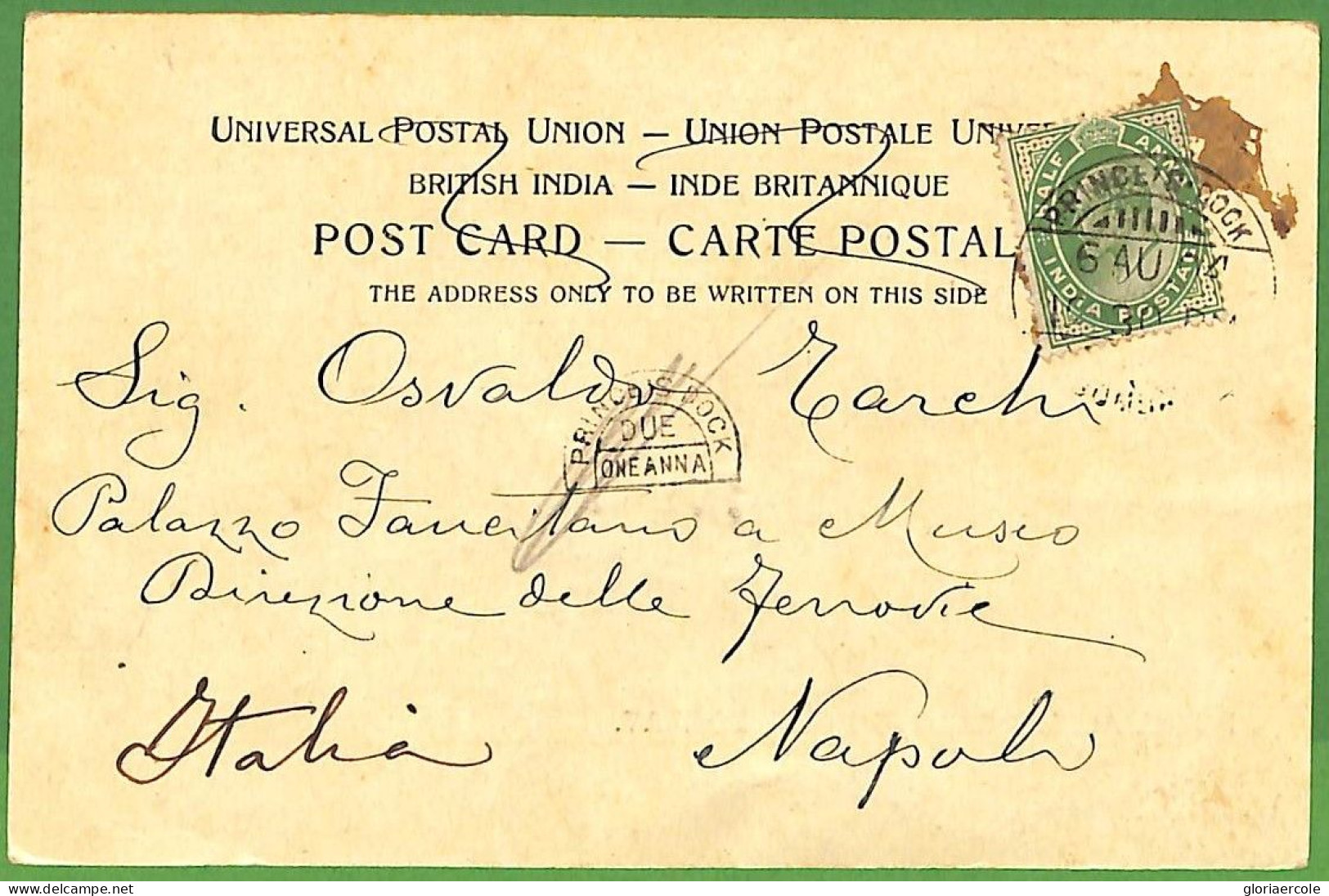 P0974 - INDIA - POSTAL HISTORY - POSTCARD From MUMBAI To ITALY - TAXED!  PRINCE'S DOCK DUE Postmark - 1902-11 King Edward VII