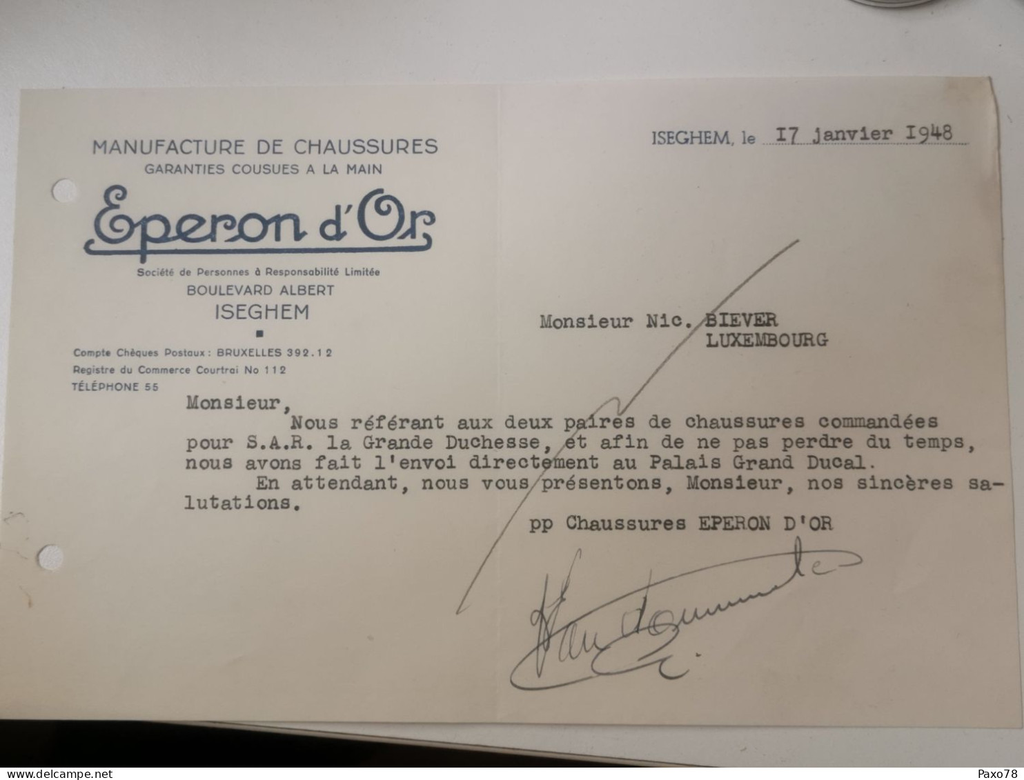Facture Belgique, Esperon D'or, Iseghem 1948. Signé, Commande Chaussures Pour La Grand-Duchesse Charlotte De Luxembourg - 1900 – 1949