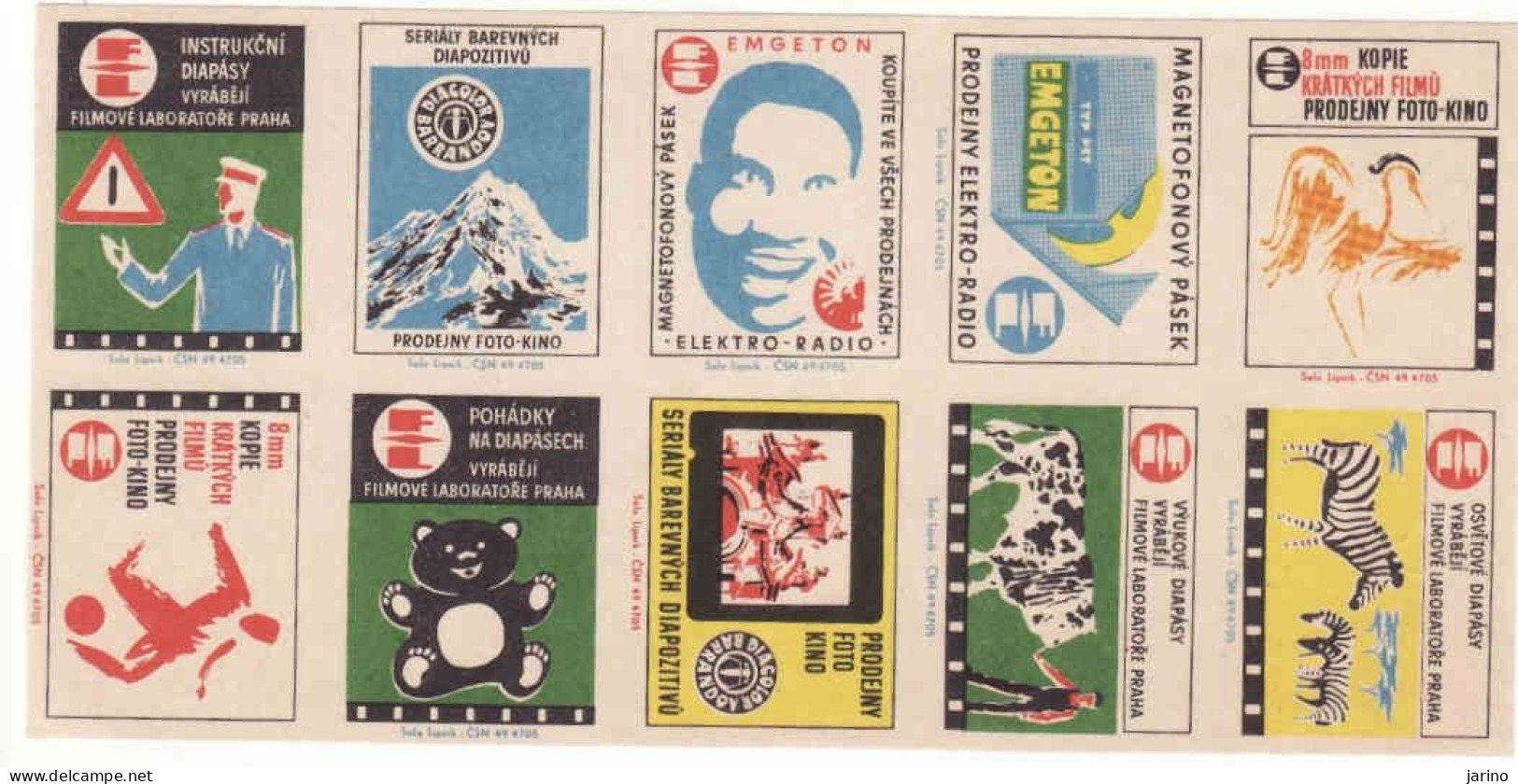 Czechoslovakia - Czechia 10 Matchbox Labels - Shop Foto - Kino, Cow, Zebra, Film Laboratories - Boites D'allumettes - Etiquettes