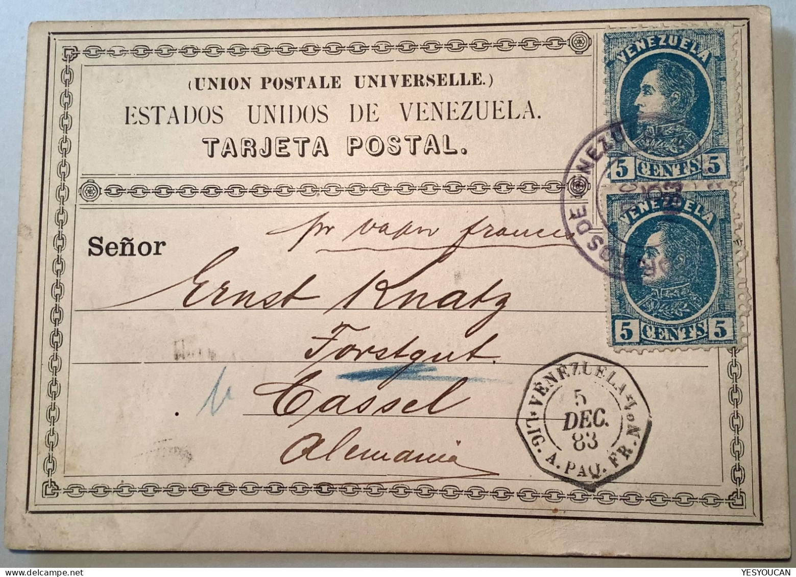 Venezuela Very Rare 1883 TARJETA POSTAL Postal Stationery Card Formular H&G1 Used (France Poste Maritime Cover Postcard - Venezuela