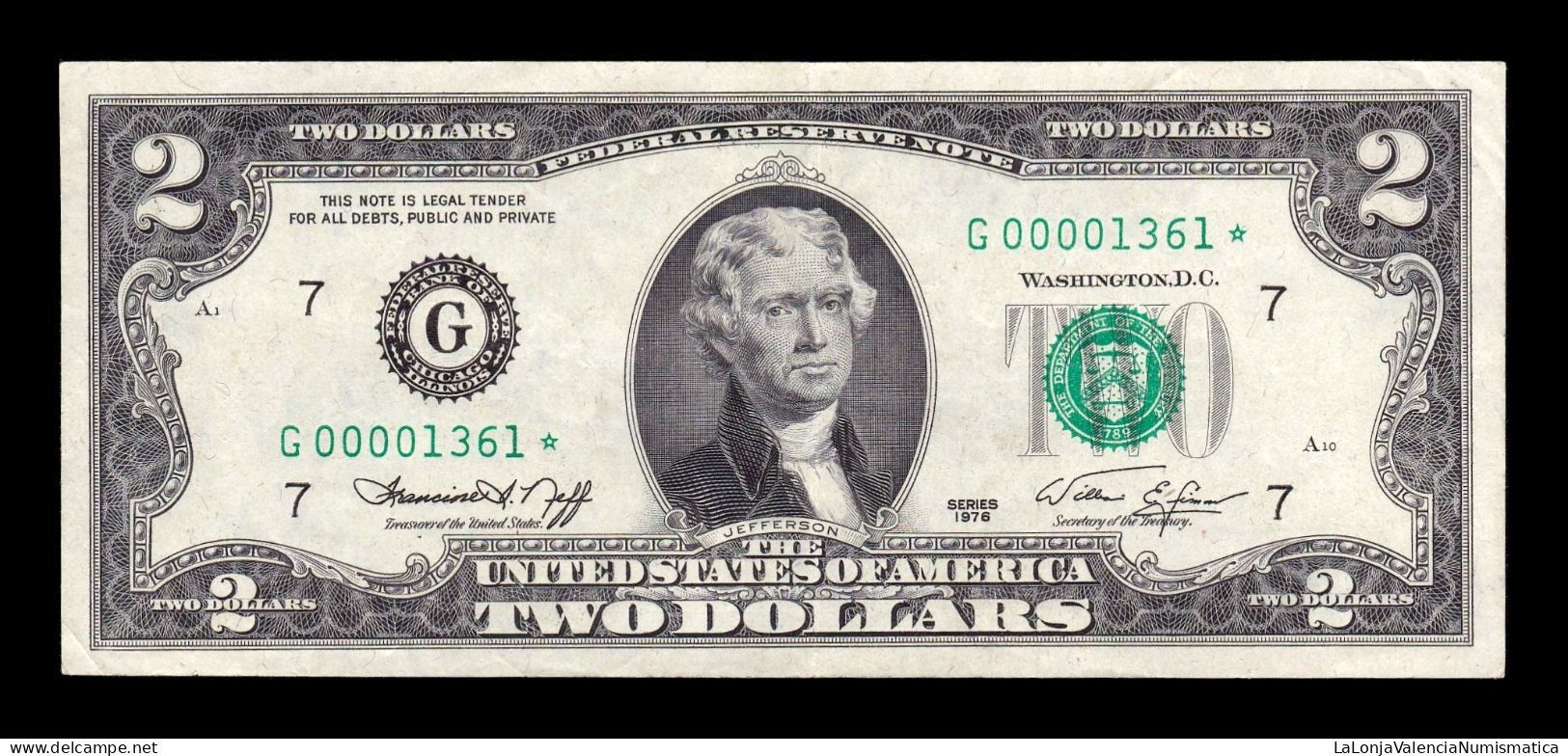 Estados Unidos United States 2 Dollars 1976 Pick 461r Replacement Low Serial G - Chicago  Mbc/Ebc Vf/Xf - Billetes De La Reserva Federal (1928-...)