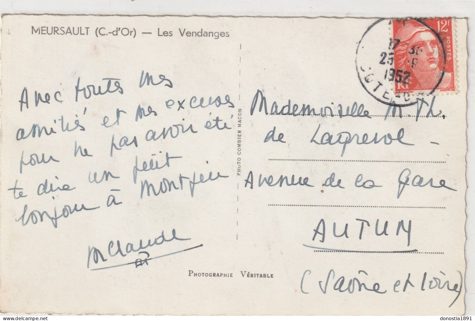 MEURSAULT (21) Les Vendanges; Attelage, Vigne, Vendangeurs, 9x14 Dentelée Glacée -Ed. Combier - Timbrée 1952 - Meursault
