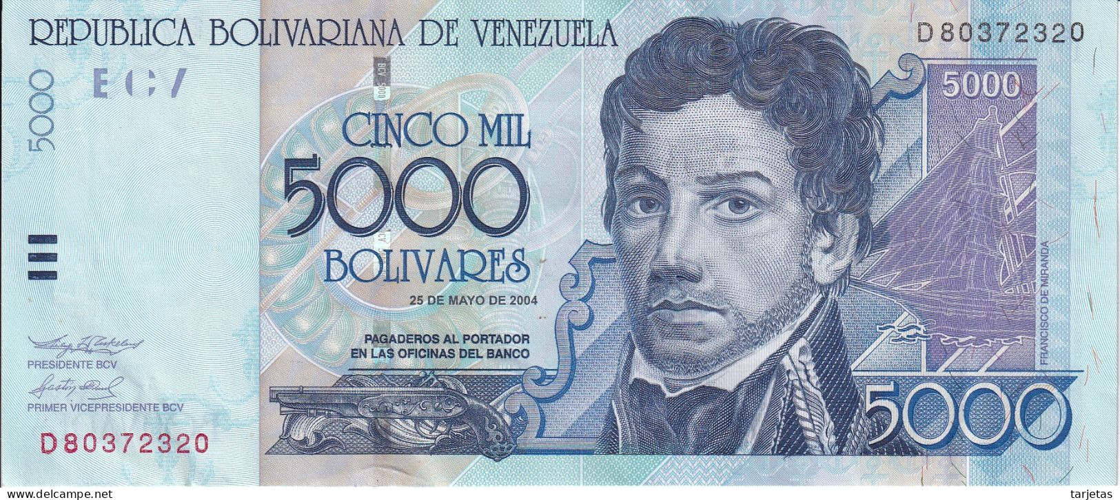 BILLETE DE VENEZUELA DE 5000 BOLIVARES DEL AÑO 2004 EN CALIDAD EBC (XF)  (BANKNOTE) - Venezuela