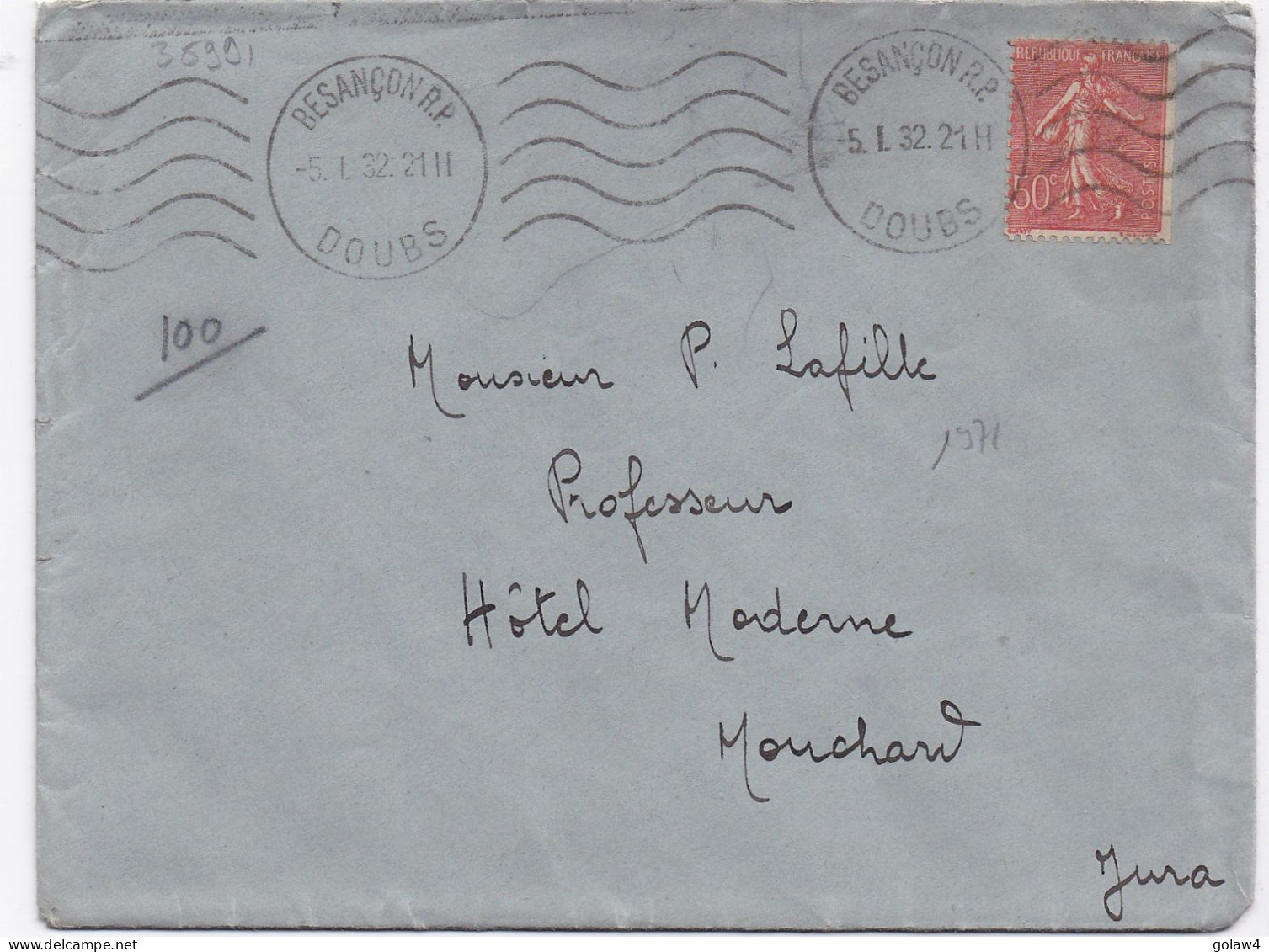 35991# SEMEUSE + VIGNETTE TUBERCULOSE 1931 DOUBS LETTRE Obl BESANCON DOUBS 1932 Pour HOTEL MODERNE MOUCHARD JURA - Tuberkulose-Serien