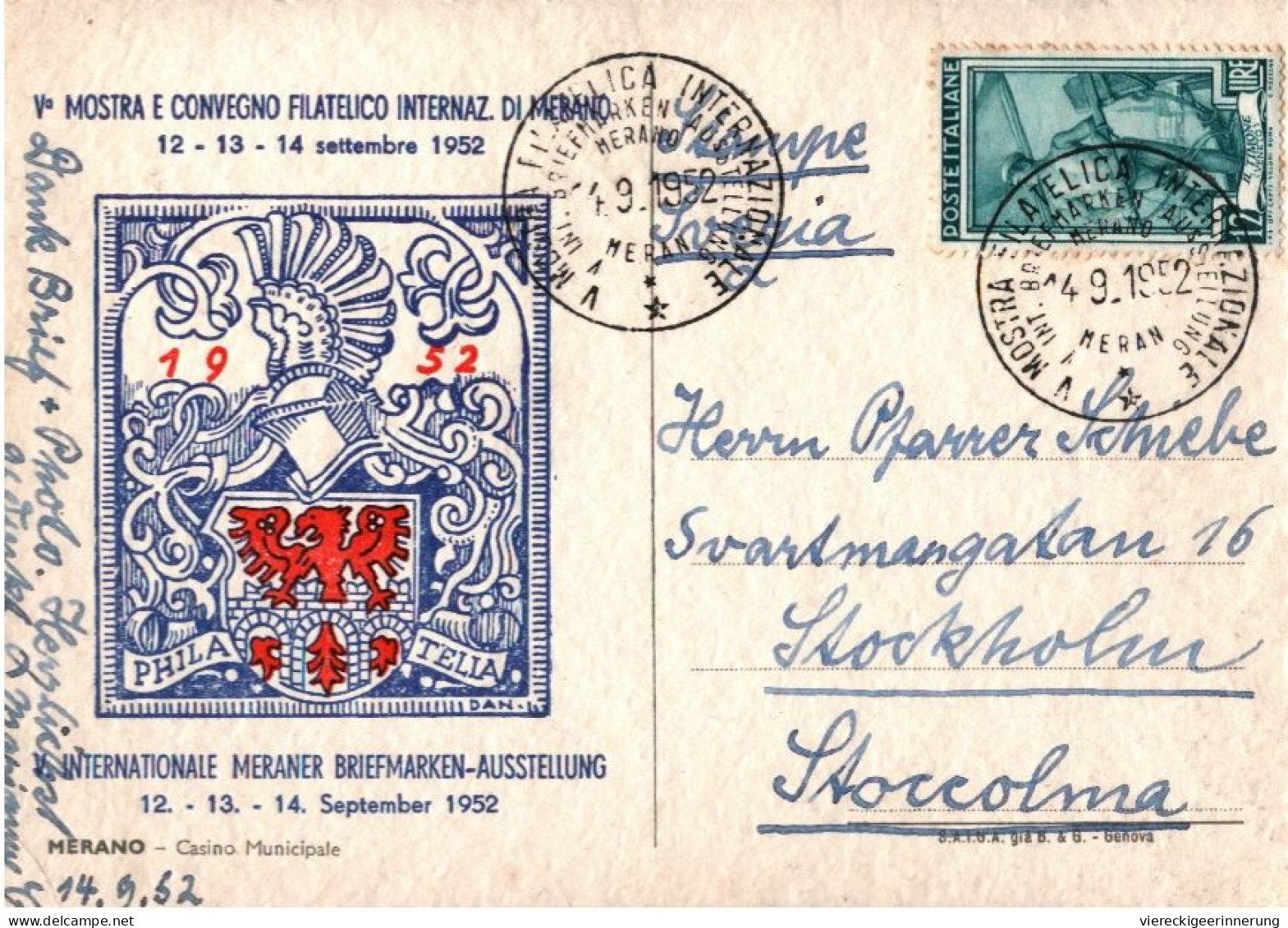 ! Ansichtskarte 1952 Aus Meran, Merano, Briefmarken Ausstellung, Südtirol - Merano