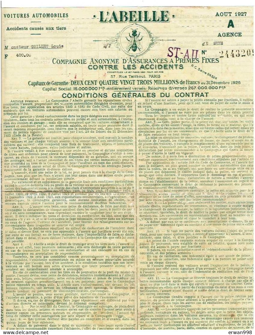 Contrat D'assurances Sté L'ABEILLLE Du11/10/1930 CITROEN-TORPEDO 10 CV 806 - Banco & Caja De Ahorros