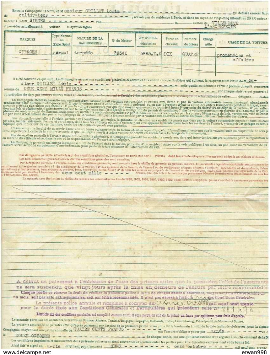 Contrat D'assurances Sté L'ABEILLLE Du11/10/1930 CITROEN-TORPEDO 10 CV 806 - Bank En Verzekering