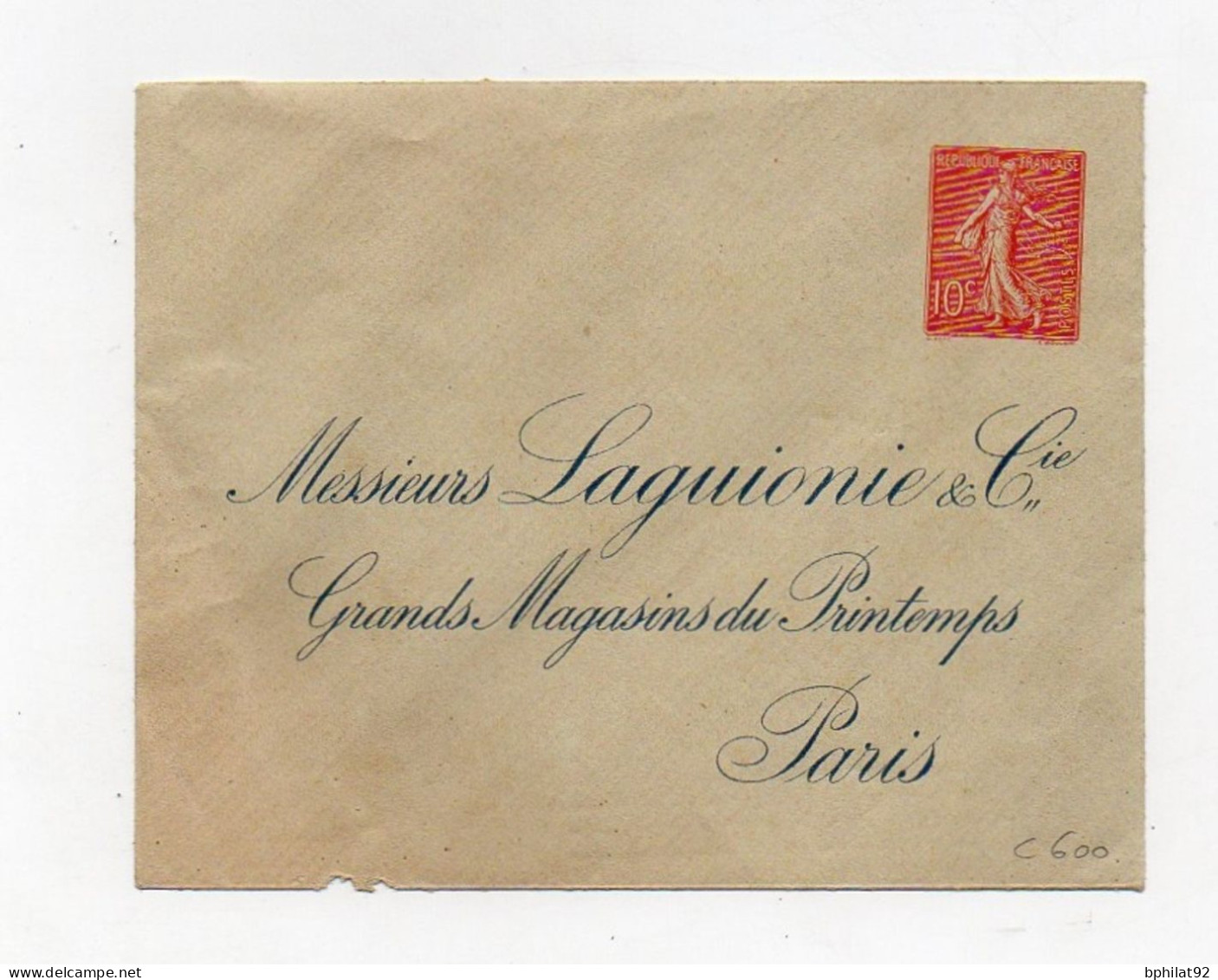 !!! ENTIER POSTAL 10 C SEMEUSE TIMBRE SUR COMMANDE GRANDS MAGASINS DU PRINTEMPS - Enveloppes Types Et TSC (avant 1995)