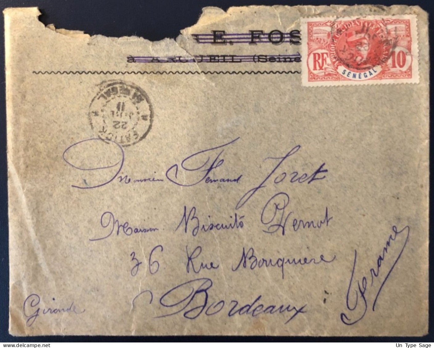 Sénégal, Divers Sur Enveloppe TAD FATICK, Sénégal 27.7.1911 Pour Bordeaux - (B1832) - Briefe U. Dokumente