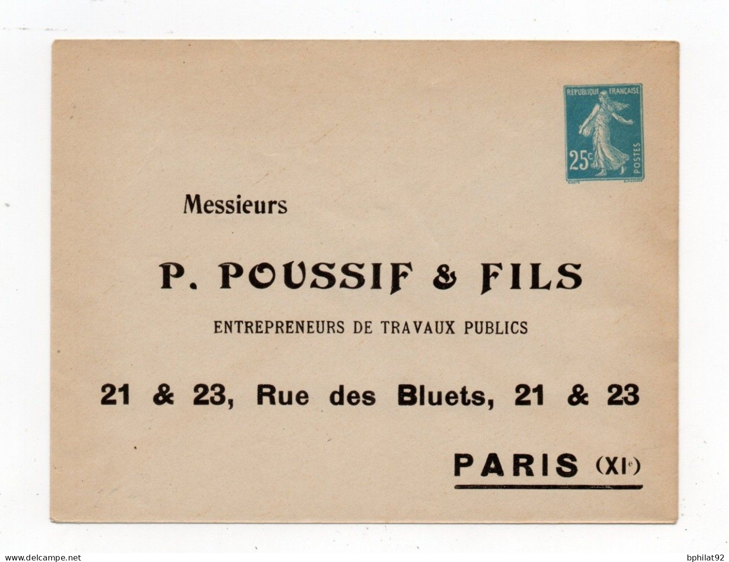 !!! ENTIER POSTAL 25 C SEMEUSE AVEC REPIQUAGE POUSSIF ET FILS NEUF PATTE NON COLLEE - Bigewerkte Envelop  (voor 1995)