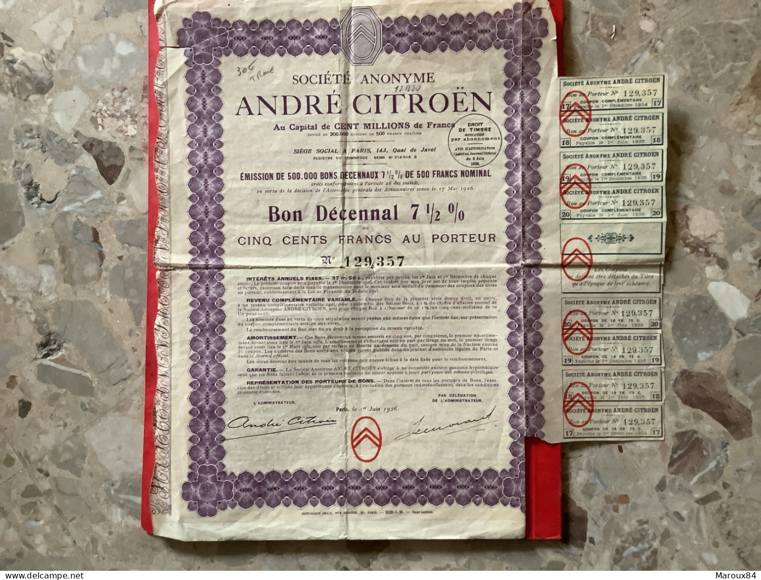 Bon Décennal 7 1/2 % Cinq Cents Francs Au Porteur  André Citroën - Unclassified