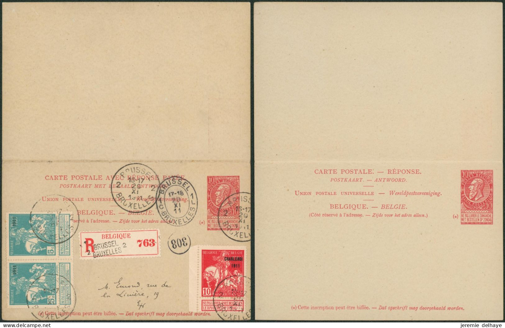 EP Au Type Carte-lettre 10ctm Rouge (double) + N°97 X2 Et 107 En Recommandé De Bruxelles (1911) > La Ville - Letter-Cards