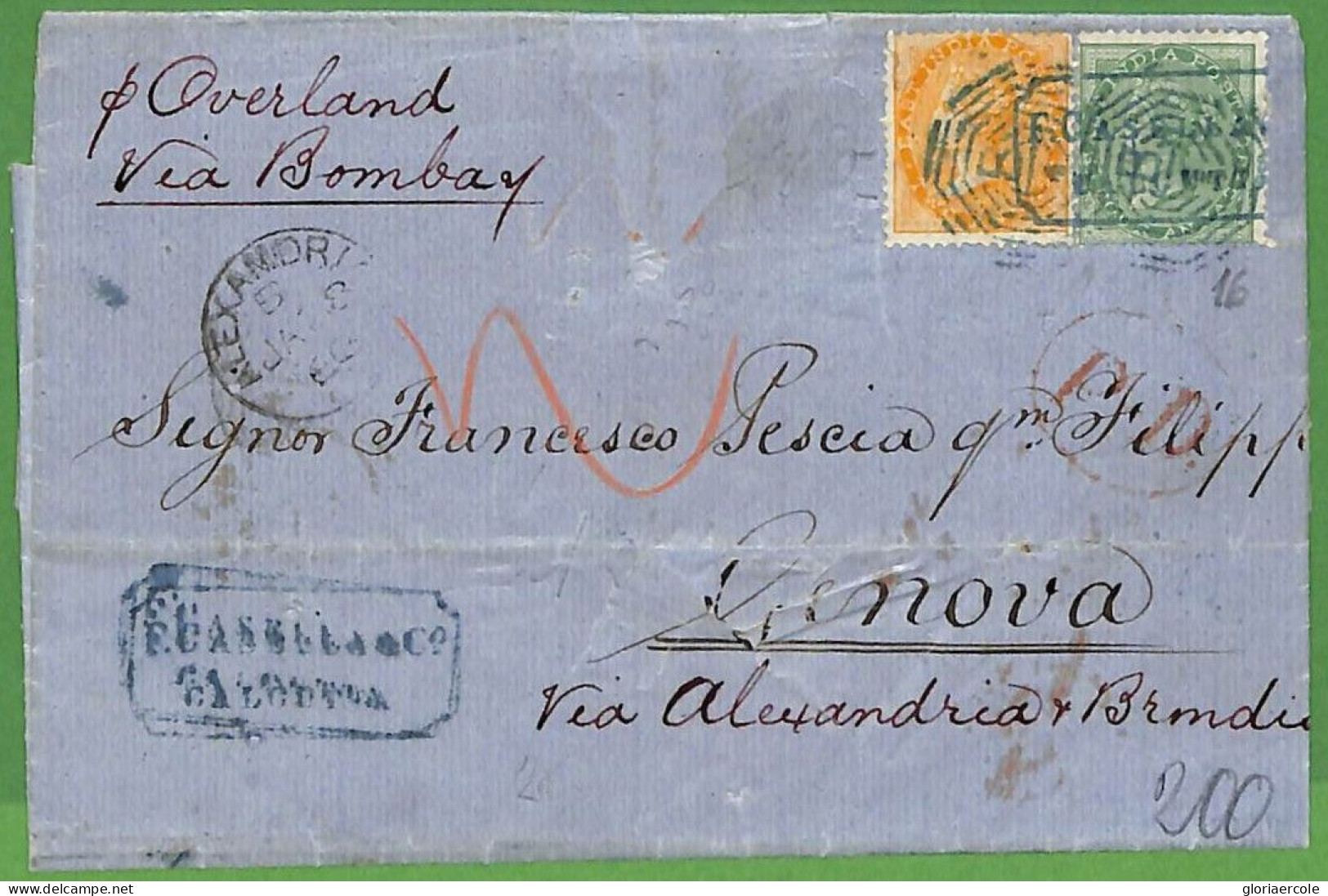 P0995 - INDIA - POSTAL HISTORY - QV 2 Colour Franking To Italy 1866  Via EGYPT - 1882-1901 Keizerrijk