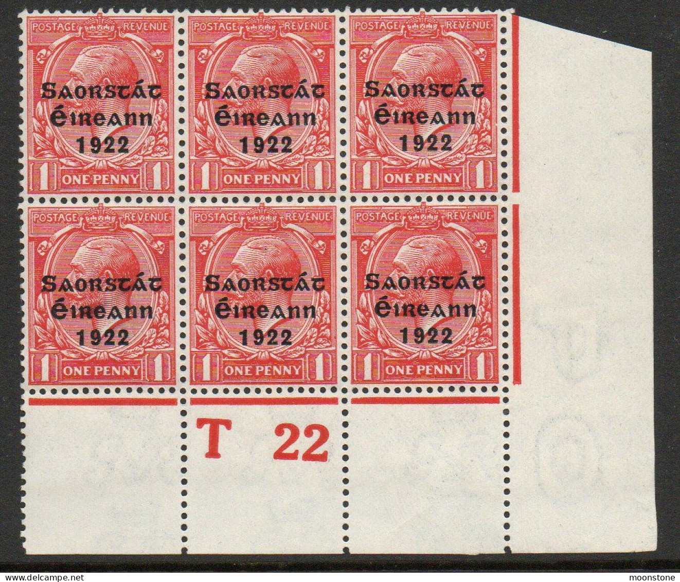 Ireland 1922-3 Saorstat Overprint On 1d Scarlet, T22 Control Block Of 6, Hinge Marks, SG 53 - Ungebraucht