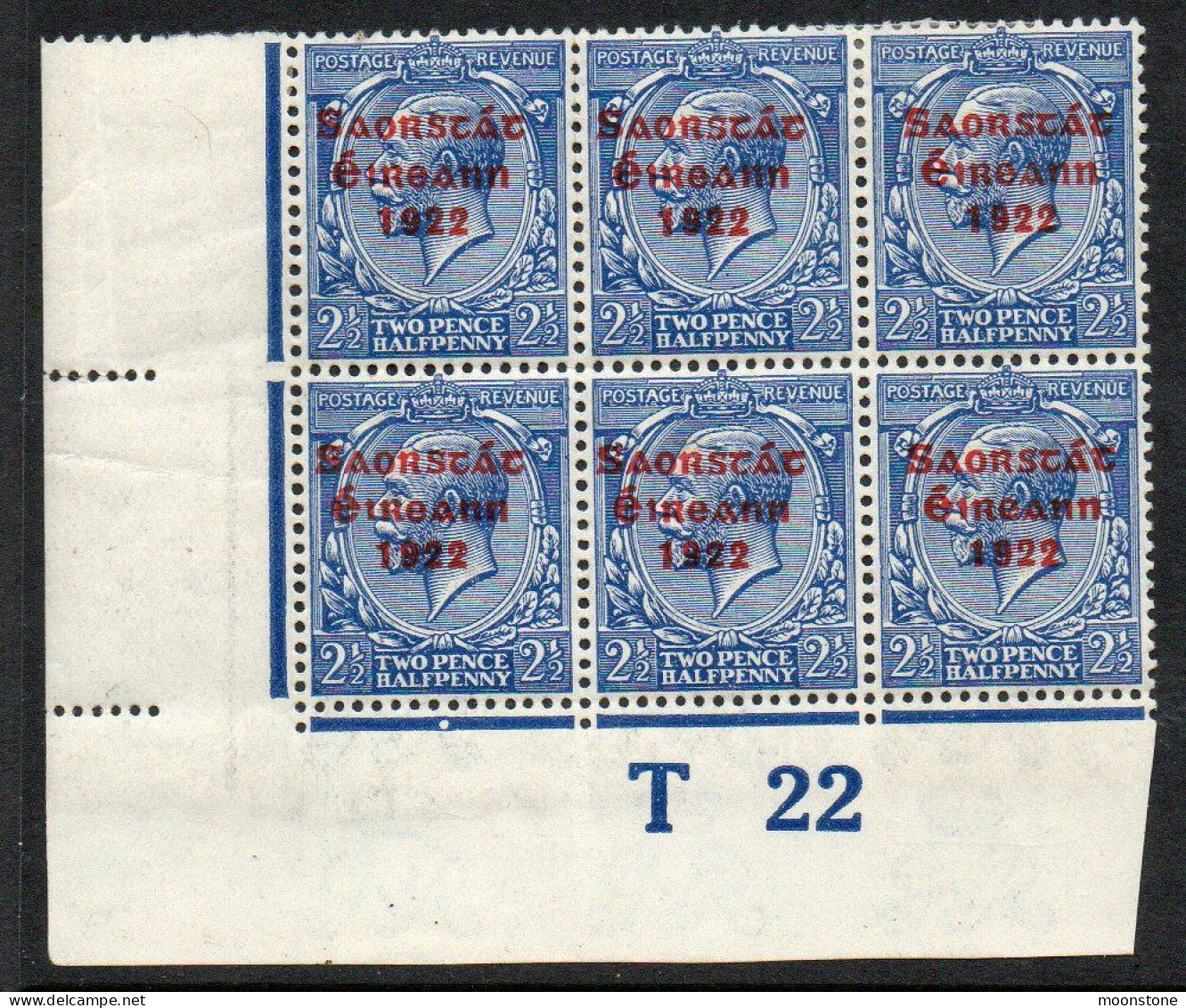 Ireland 1922-3 Saorstat Overprint On 2½d Bright Blue, T22 Control Block Of 6, Hinge Marks & Some Splitting, SG 56 - Unused Stamps