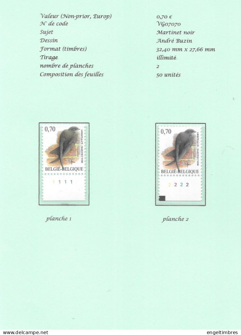 Belgium -  2007 BUZIN Birds - GIERZWALUW   Plaatnummers 1 - 2  Postfris - Zie Scan - 2011-..