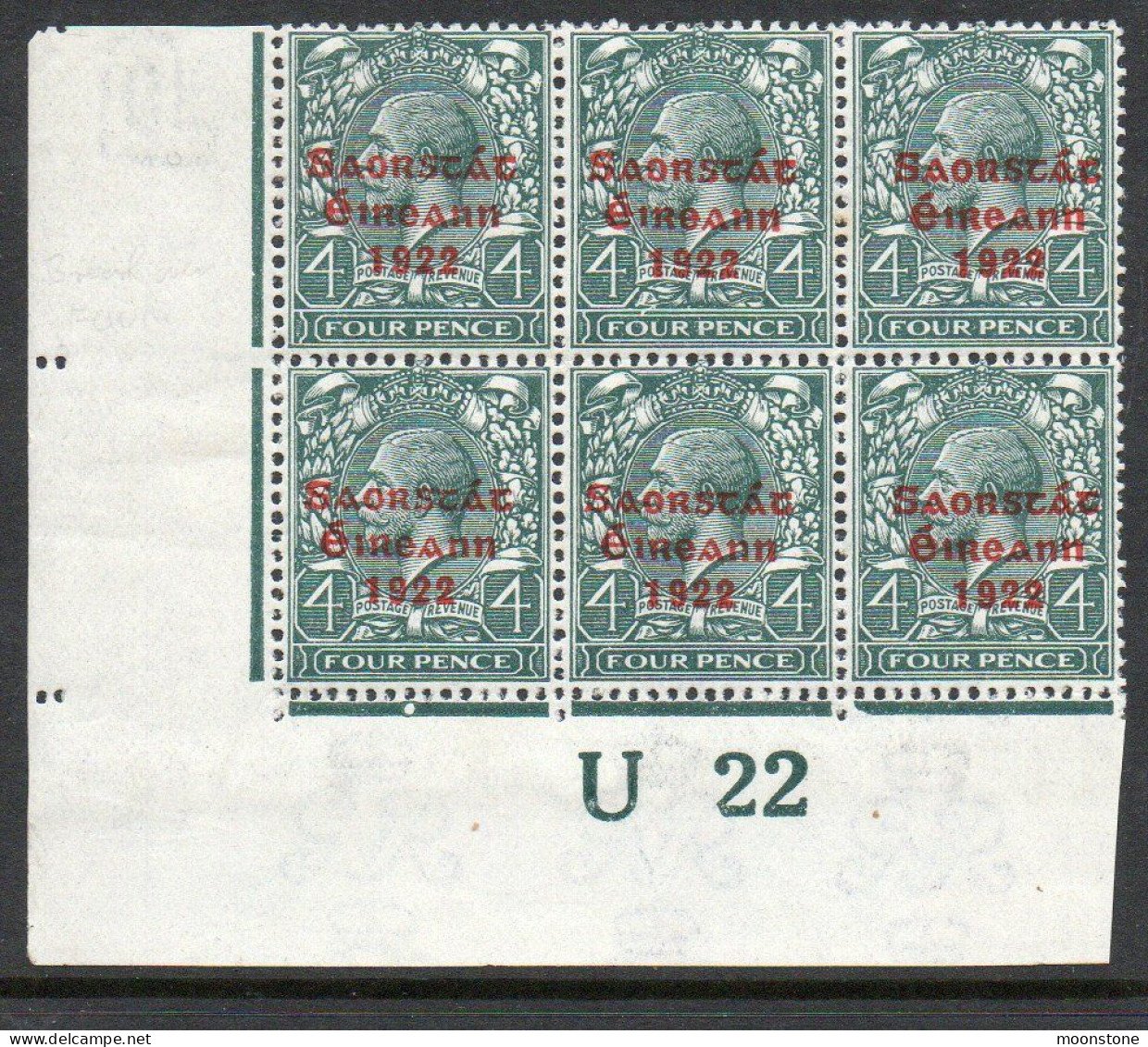 Ireland 1922-3 Saorstat Overprint On 4d Grey-green, U22 Control Block Of 6, 'break In Frame Over 'four', MH, SG 58 - Ungebraucht