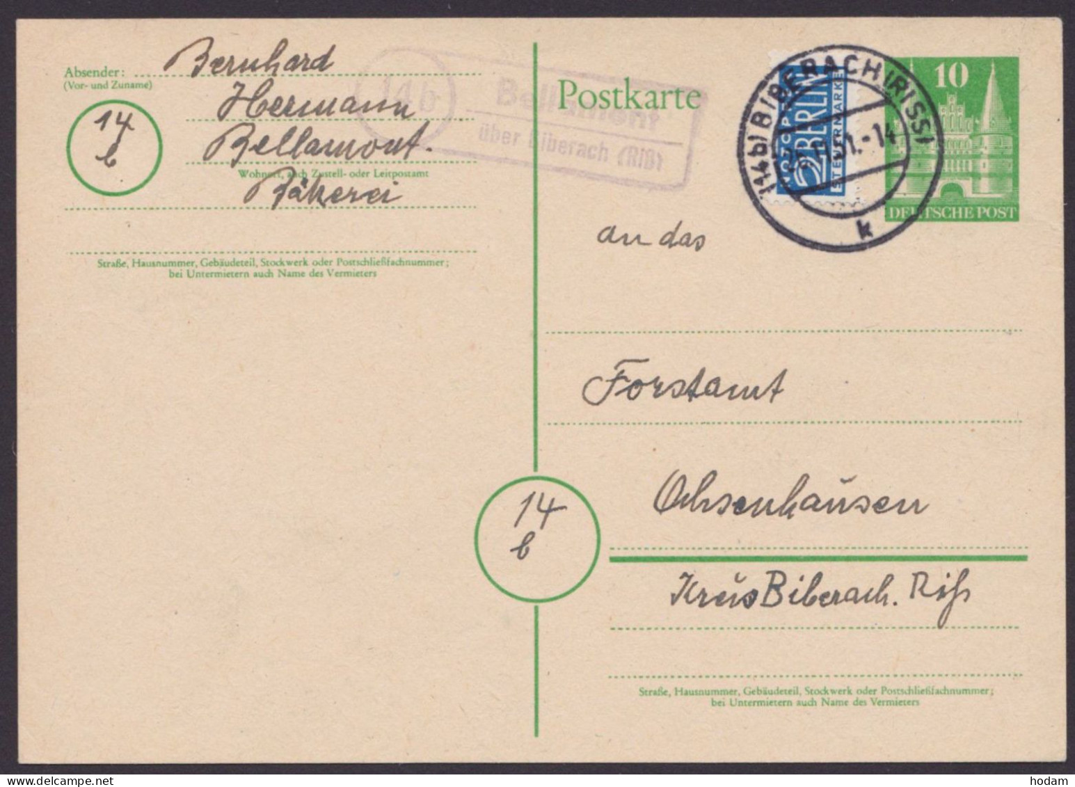 P7, Bedarf, "Landpost "Bellamont über Biberach", 26.11.51 - Postkarten - Gebraucht