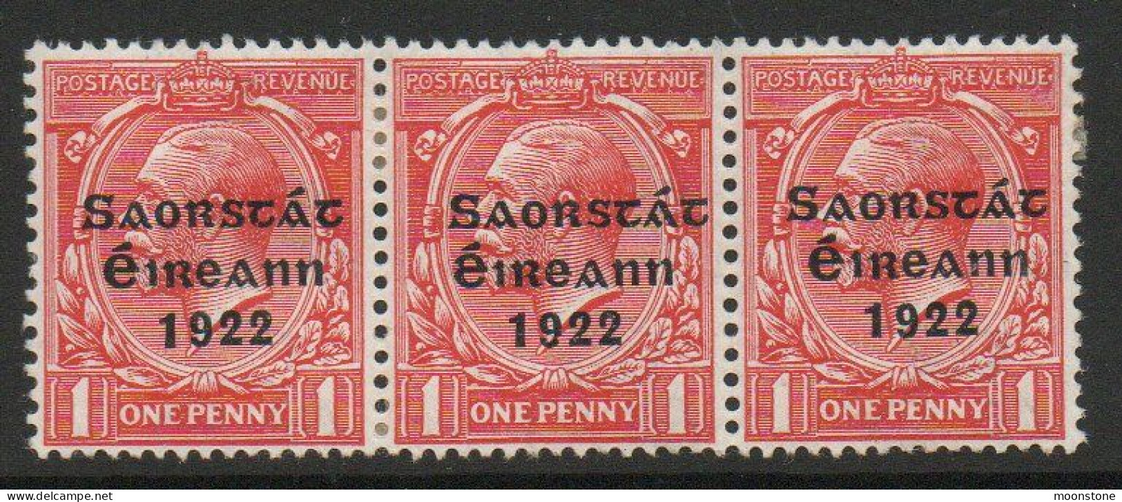 Ireland 1922-3 Saorstat Overprint On 1d Scarlet Strip Of 3, Broken 2nd A In SaorstAt, Middle Stamp, Heavy Hinged, SG 55 - Unused Stamps