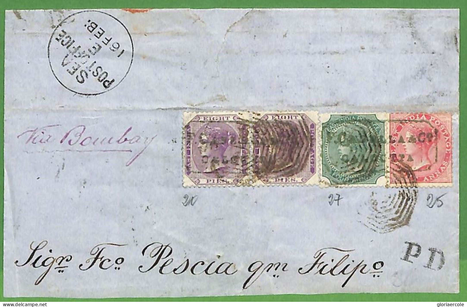 P0998 - INDIA - POSTAL HISTORY - QV 3 Colour Franking To Italy 1874 To PESCIA - 1858-79 Compagnia Delle Indie E Regno Della Regina