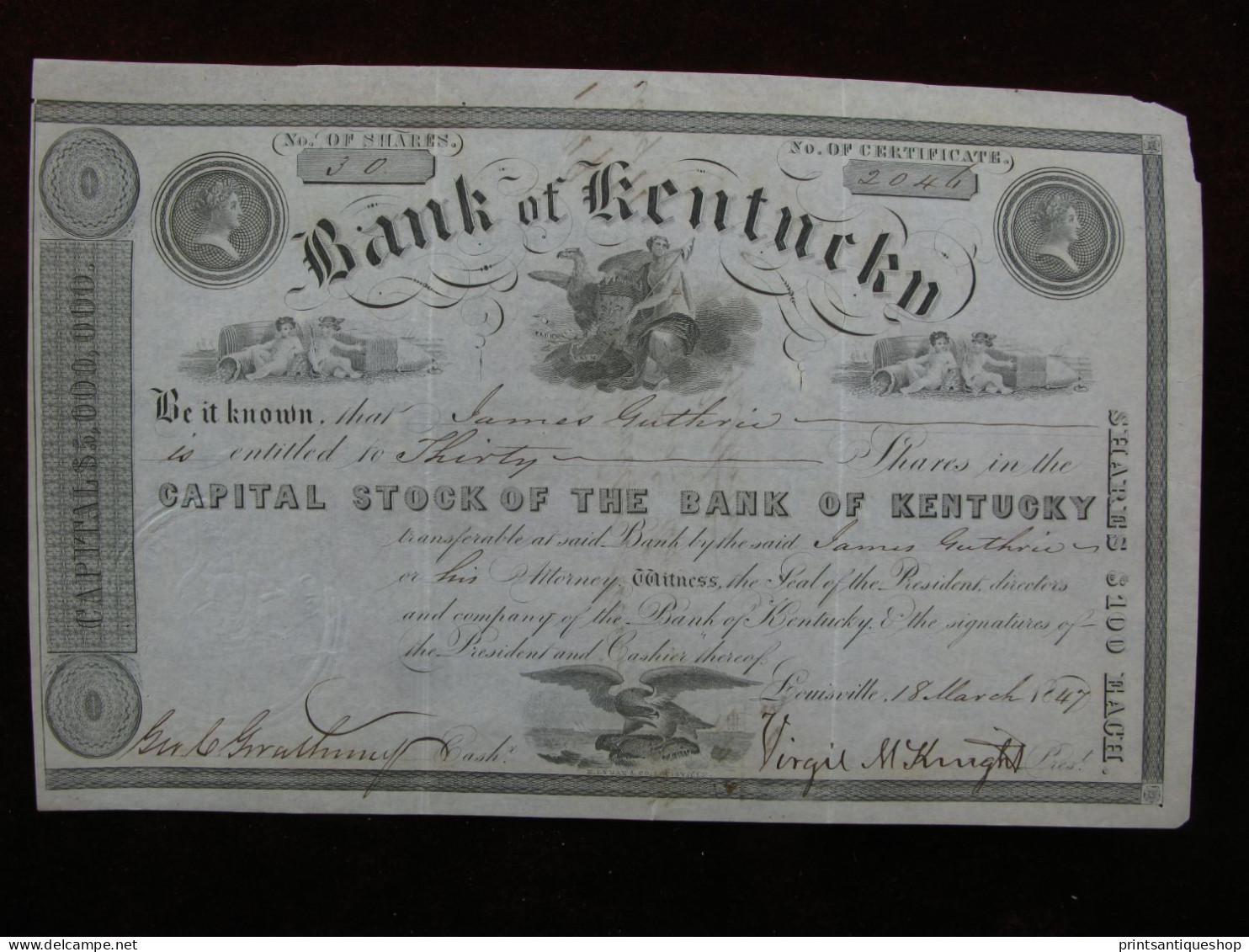 1847 BANK OF KENTUCKY STOCK CERTIFICATE 30 Shares $100 Louisville USA Bond - Banque & Assurance