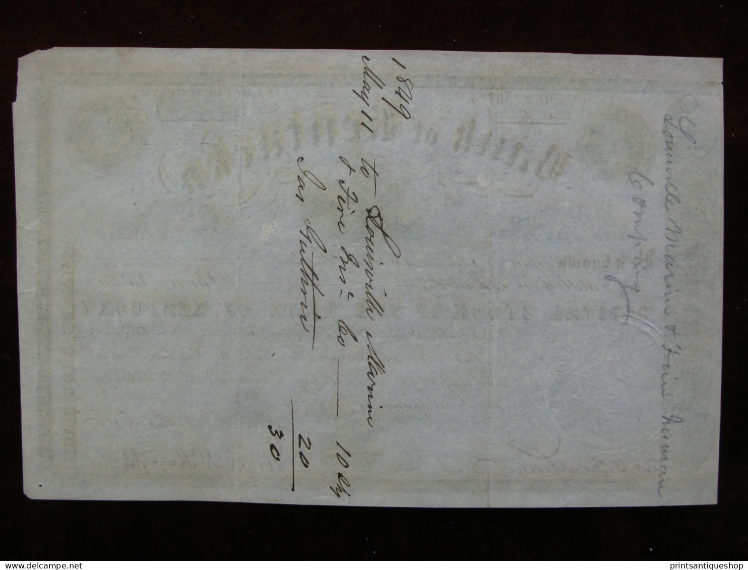 1847 BANK OF KENTUCKY STOCK CERTIFICATE 30 Shares $100 Louisville USA Bond - Banque & Assurance