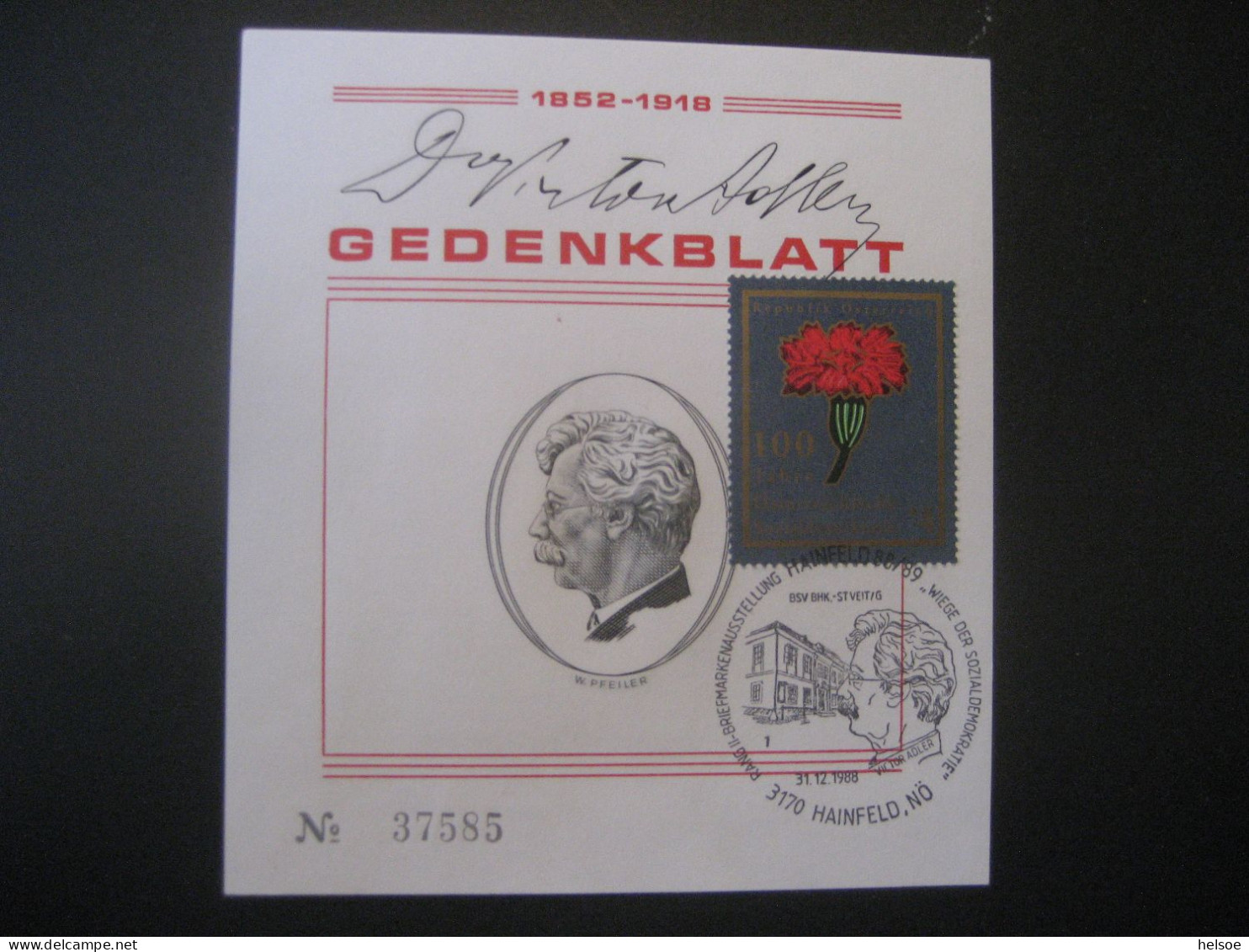 Österreich 1988- Gedenkblatt Viktor Adler (Wiege Der Sozialdemokratie) Mit Sonderstempel - Oblitérés