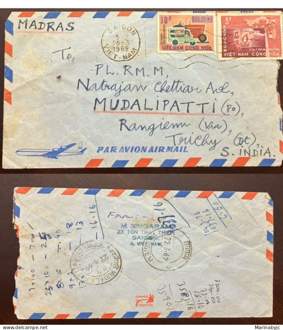 D)1969, INDOCHINA, CIRCULATED LETTER FROM INDOCHINA TO INDIA, AIR MAIL WITH SAGON CANCELLATION STAMP, VIETNAM, VF - Altri - Asia