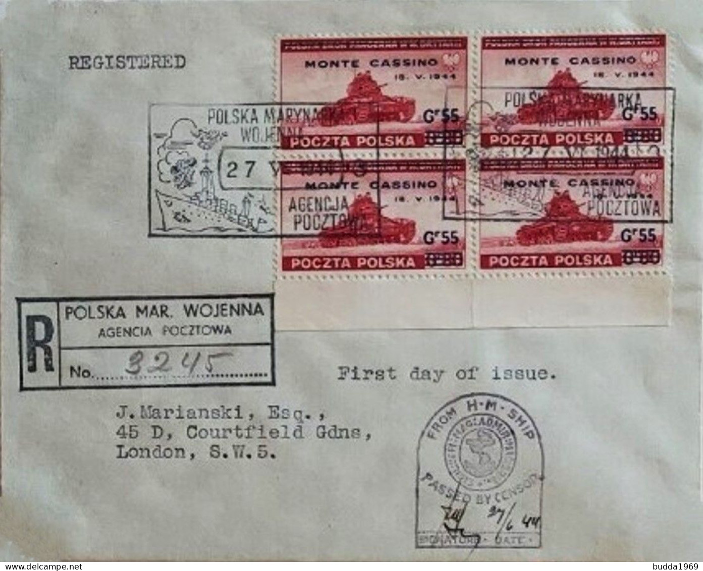 POLAND - POLEN 1944 - MONTE CASSINO COMPLETE SET IN BLOCK OF FOUR ON REGISTERED FDC COVERS! VERY RARE!READ DESCRIPTION! - Regering In Londen(Ballingschap)