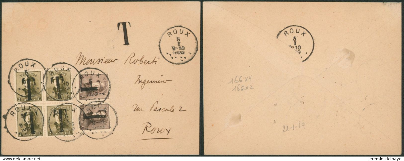 N°165 En Paire Et 166 En Bloc De 4 Surchargé T Expédié De & Vers Roux (1920) / Taxe. - 1919-1920 Roi Casqué