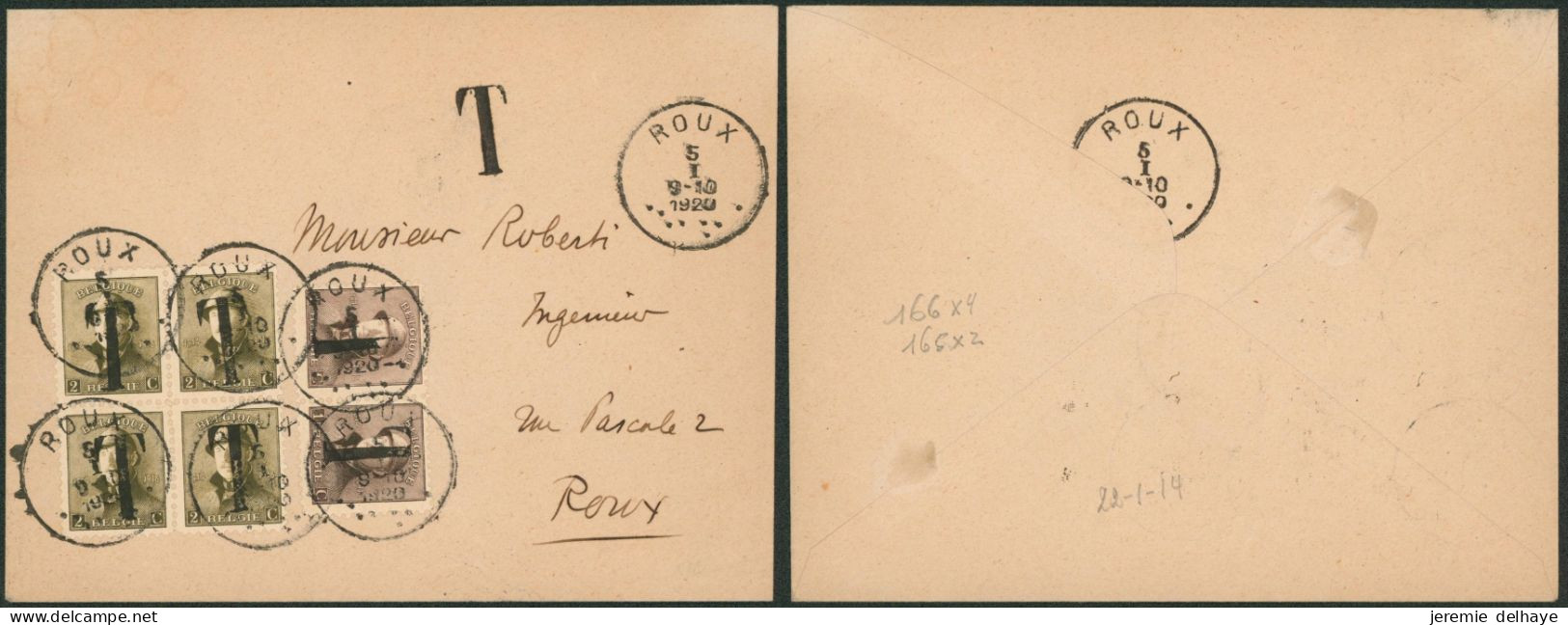 N°165 En Paire Et 166 En Bloc De 4 Surchargé T Expédié De & Vers Roux (1920) / Taxe. - 1919-1920  Cascos De Trinchera