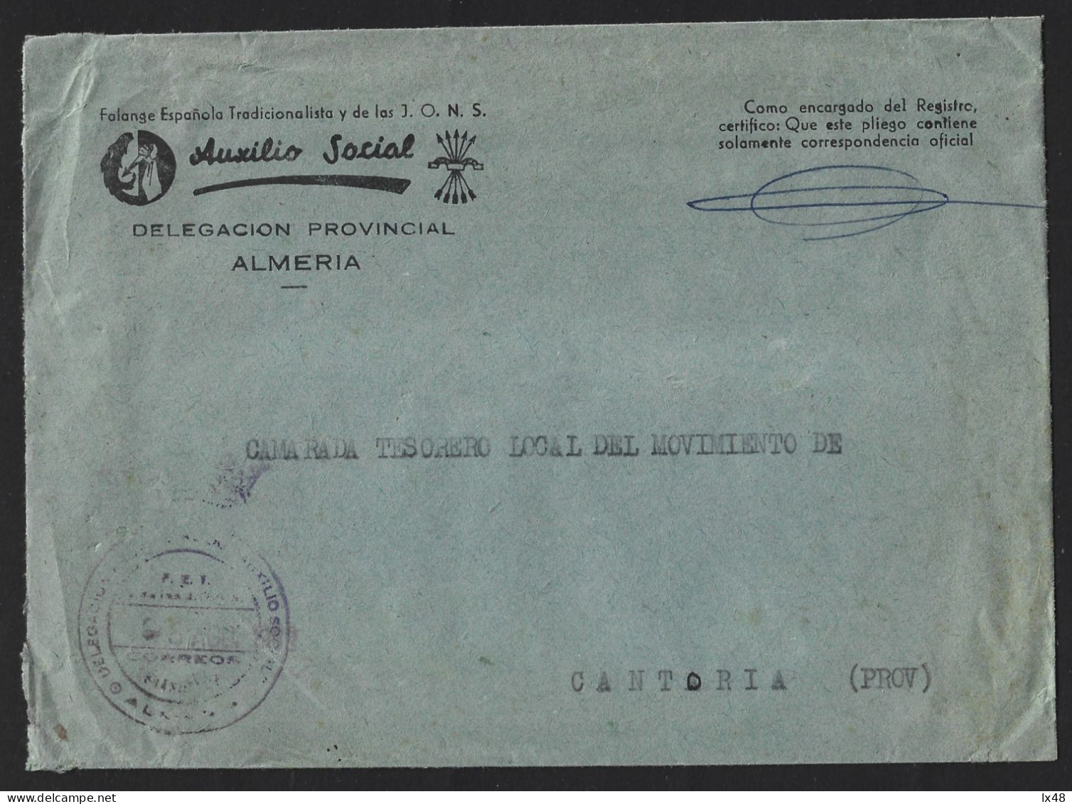 Carta De Almería Exenta De Porte Asistencia Social 1958. Letter From Almeria, Spain Exempt From Postage Social Aid 1958. - Charity