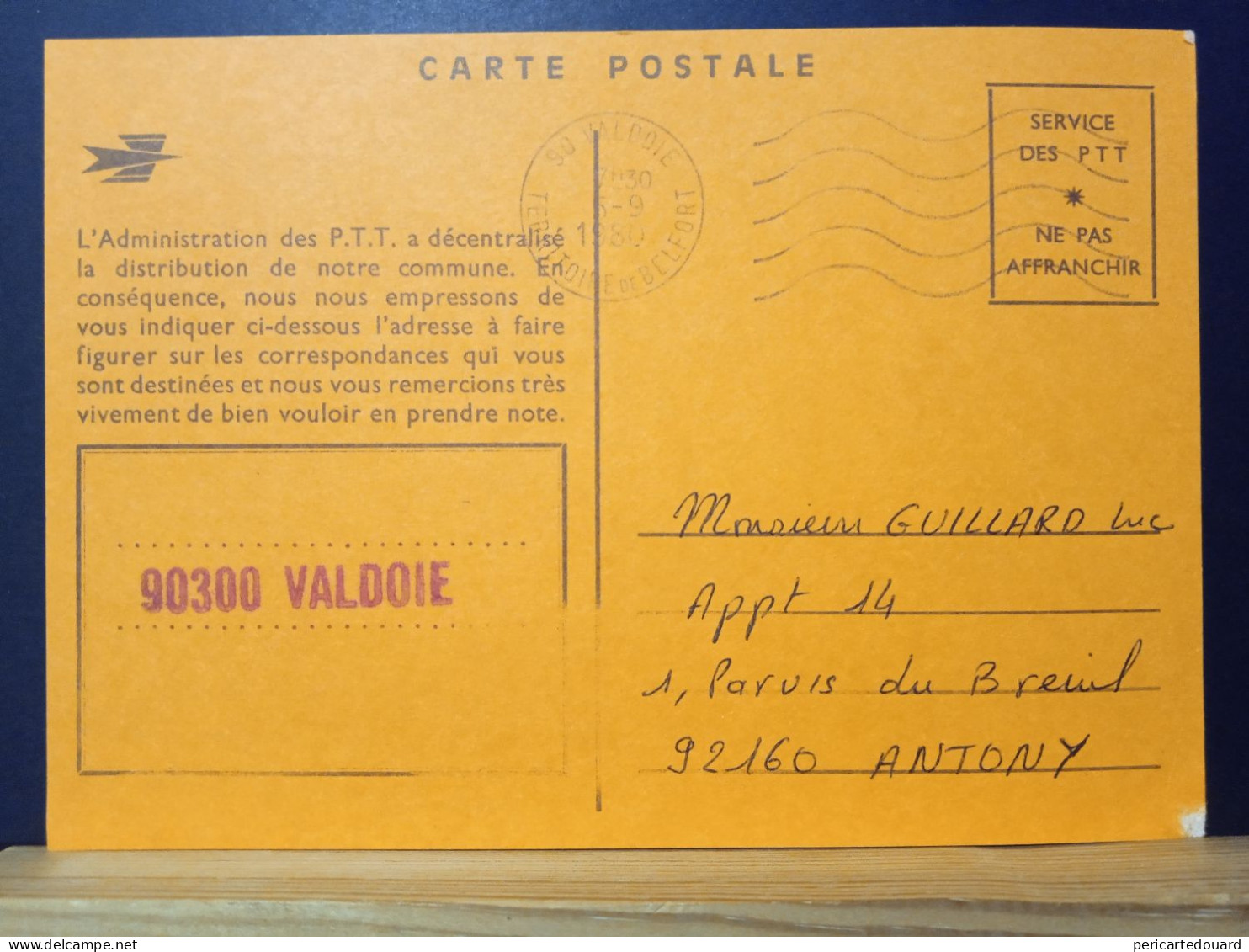 Code Postal. Carte Postale Orange En Franchise,  90300   VALDOIE - Cartas & Documentos