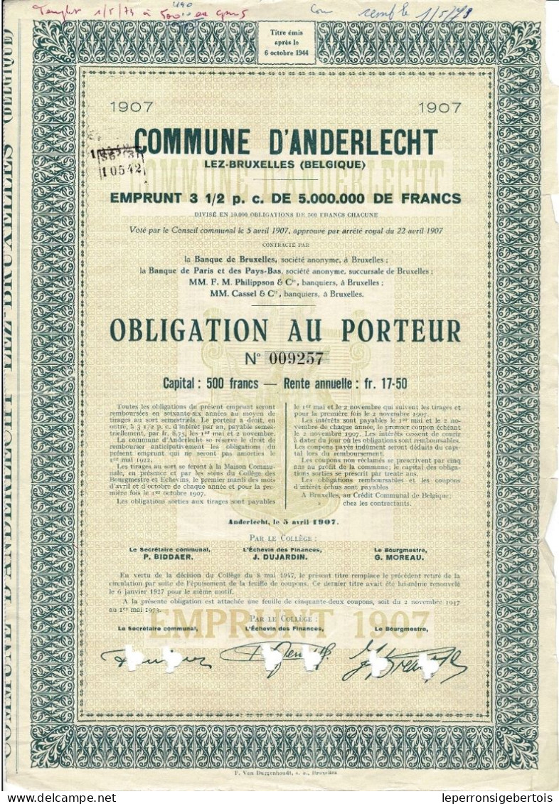 - Obligation De 1947 - Commune D'Anderlecht - Emprunt De 3 1/2 % De 1907 - - A - C