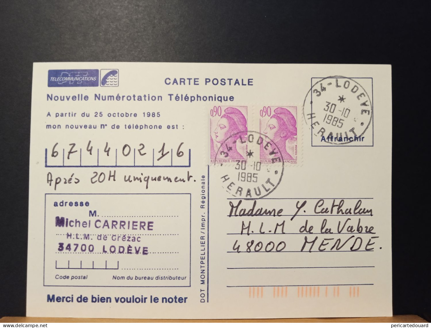Code Postal. Carte Postale Circulée Avec Liverté De Gandon 2242 Pour Nouvelle Numérotation Téléphonique - Cartas & Documentos