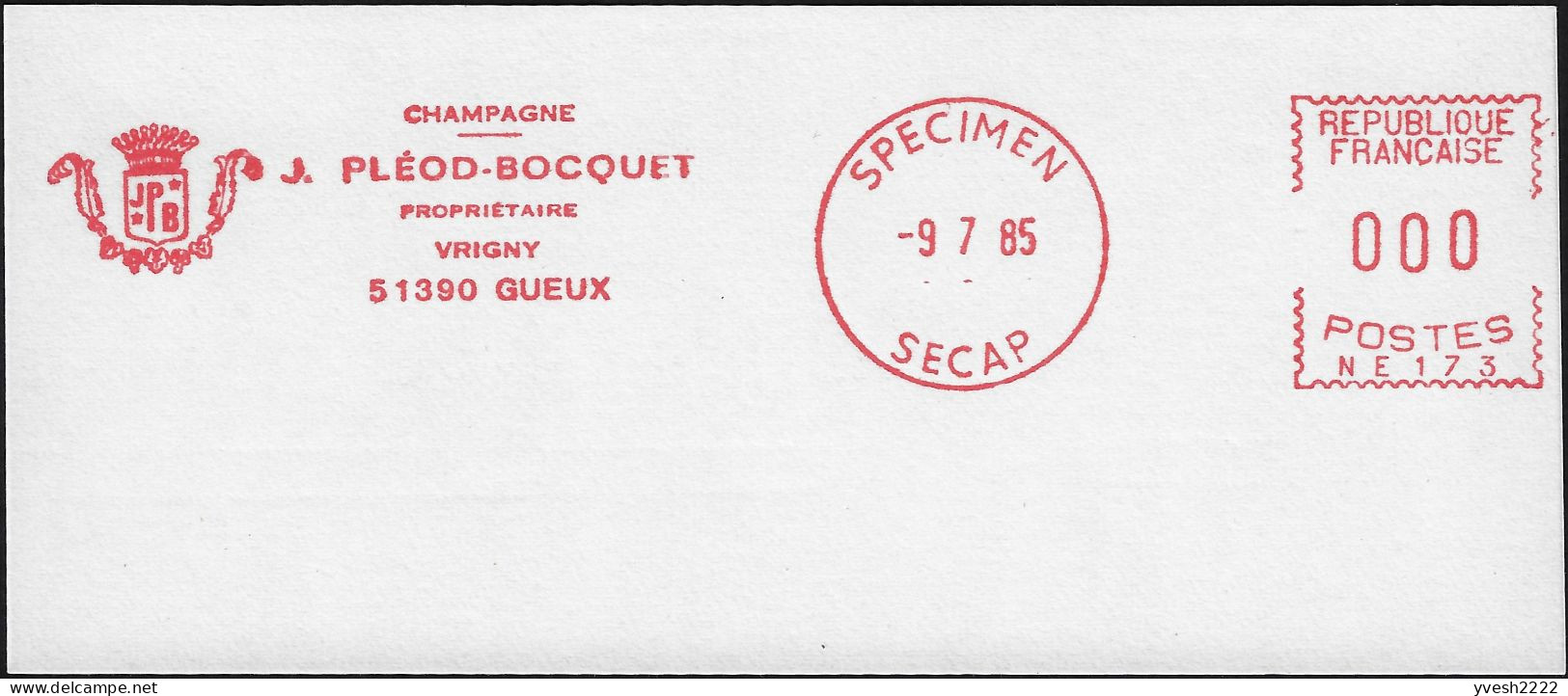 France 1985. EMA Spécimen. Champagne J. Pléod-Bocquet, Propriétaire, Vrigny, Gueux - Wein & Alkohol