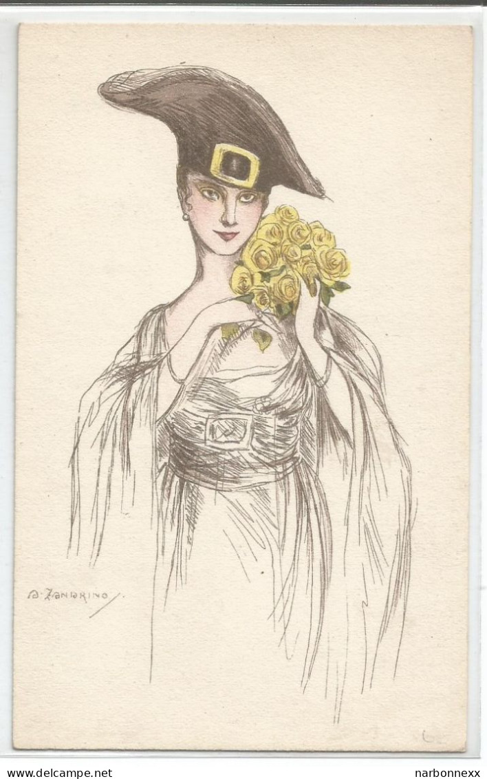 Zandrino. 30.  Belle Carte. Femme Chapeau Noir Avec Fleurs Jaunes - Zandrino
