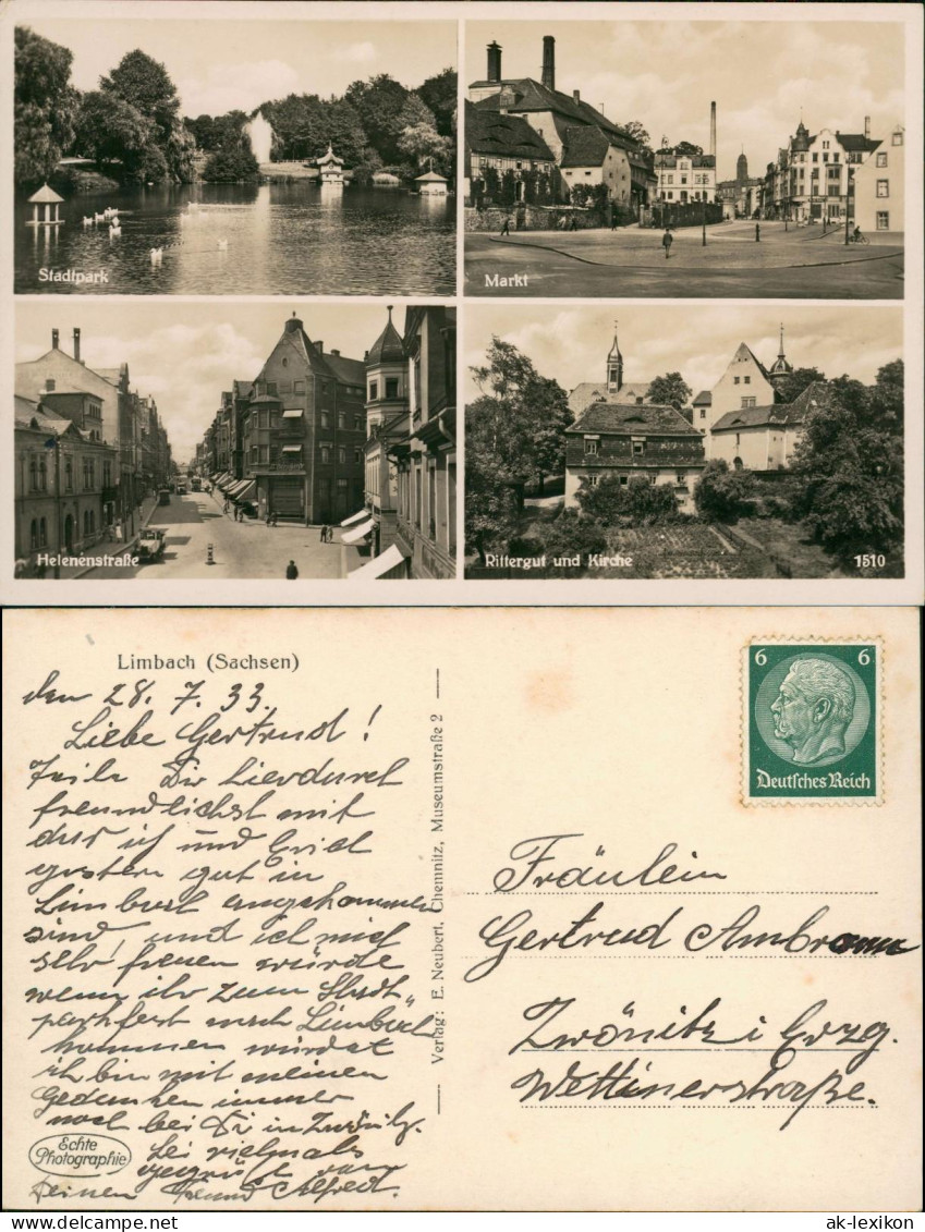 Limbach-Oberfrohna Mehrbildkarte  Markt, Helenenstraße, Rittergut Kirche 1933 - Limbach-Oberfrohna