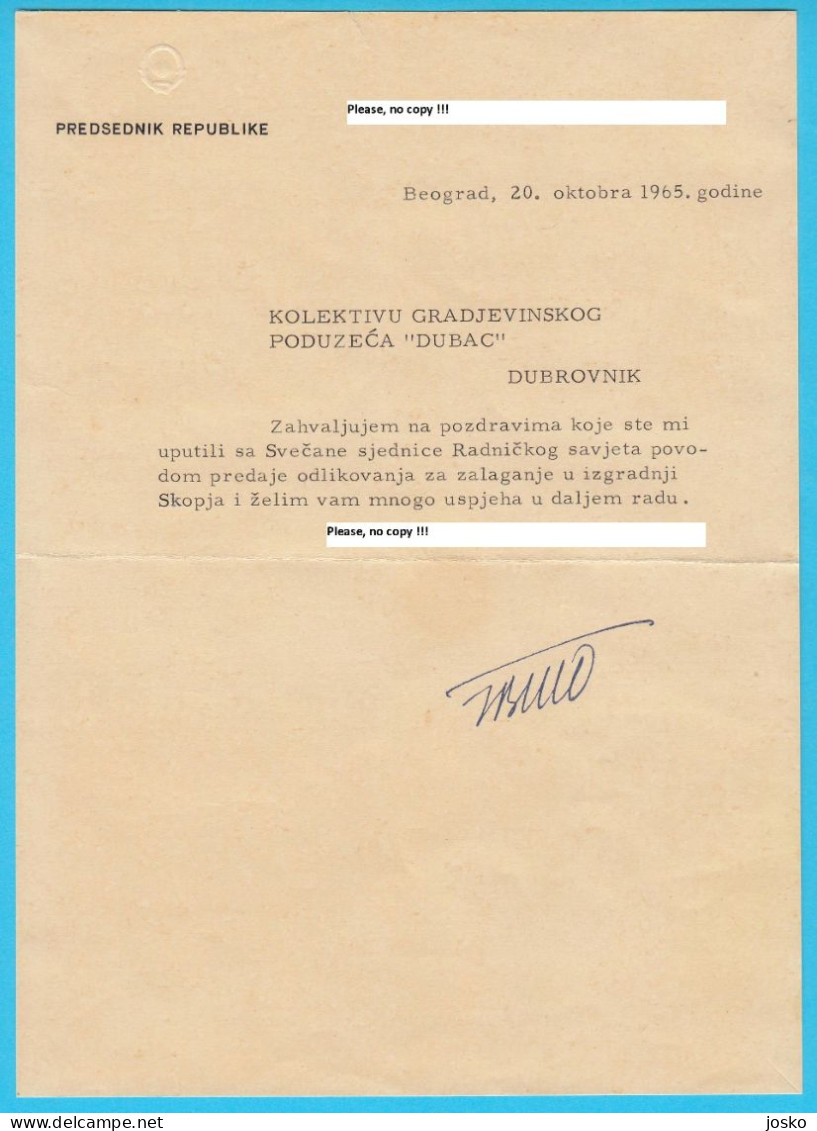JOSIP BROZ TITO Ex Yugoslavia President Original Autograph (hand Signed) From 1965 * Autographe Yougoslavie Jugoslawien - Personaggi Storici