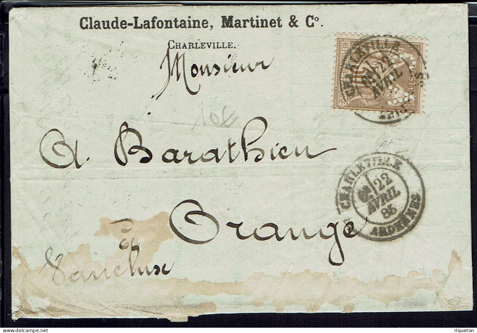 Fr. Comptoir Des Ardennes. Claude-Lafontaine & Cie Charleville. Sage 30 C. Perforé CA Sur Facture à Destination D'Orange - Lettres & Documents