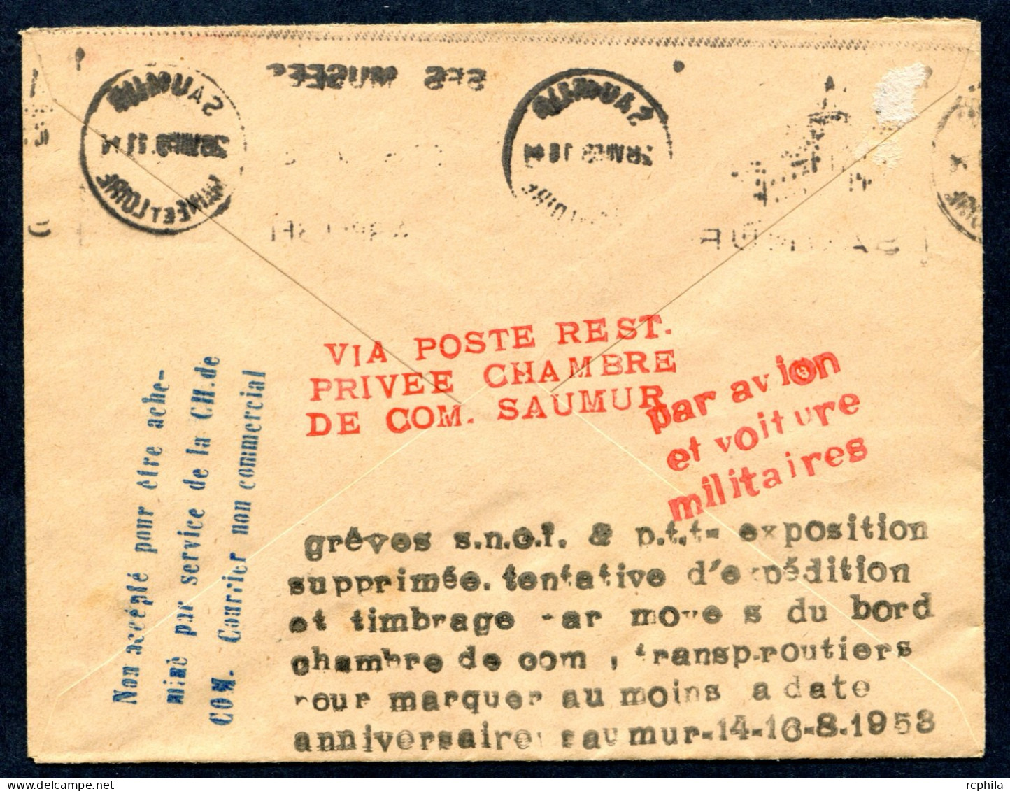 RC 27006 FRANCE 1953 SAUMUR TIMBRES DE GREVE EMIS PAR LE CHAMBRE DE COMMERCE SUR LETTRE - Documenti