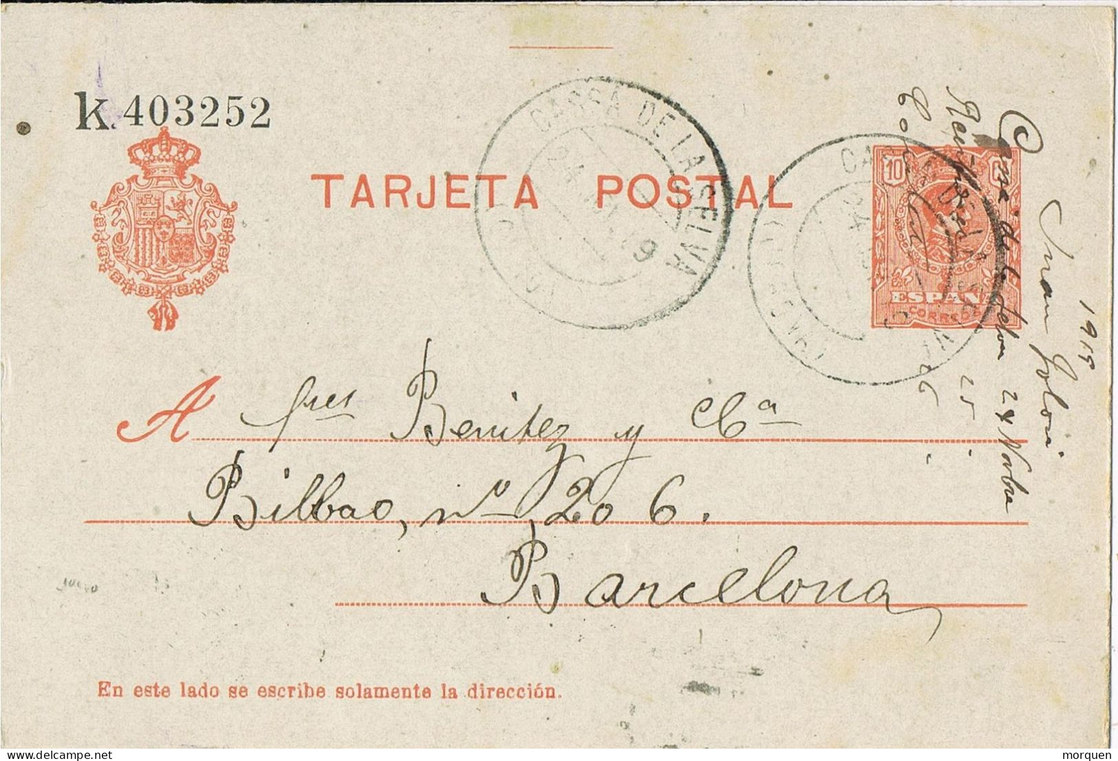 54122. Entero Postal CASSA De La SELVA (Gerona) 1919, Alfonso XIII Medallon, Num 53n º - 1850-1931