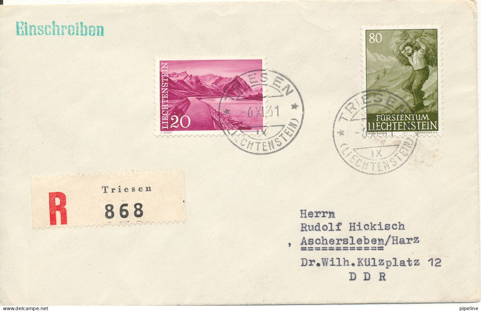 Liechtenstein Registered Cover Sent To Germany DDR 6-8-1961 - Covers & Documents