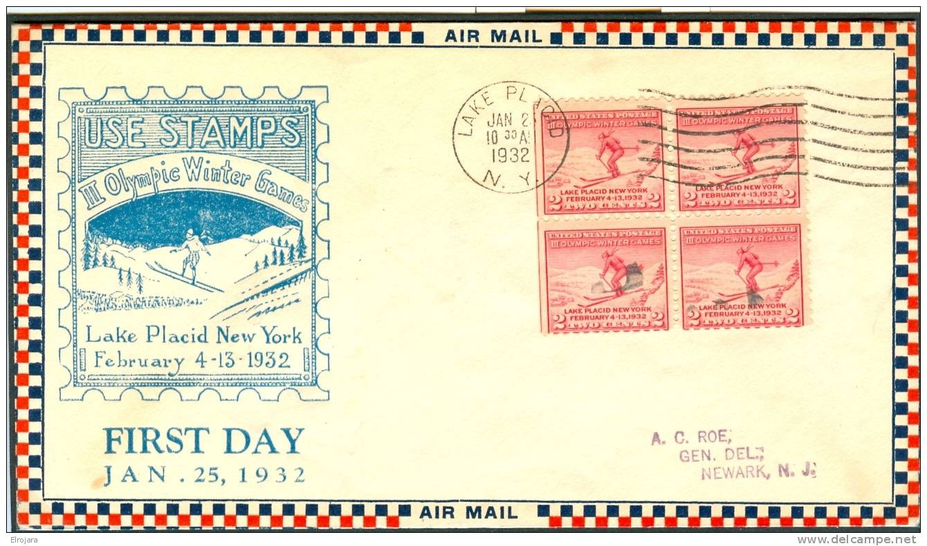 USA FDC 25-1-1932 With Bloc Of 4 Left Imperforated - Hiver 1932: Lake Placid