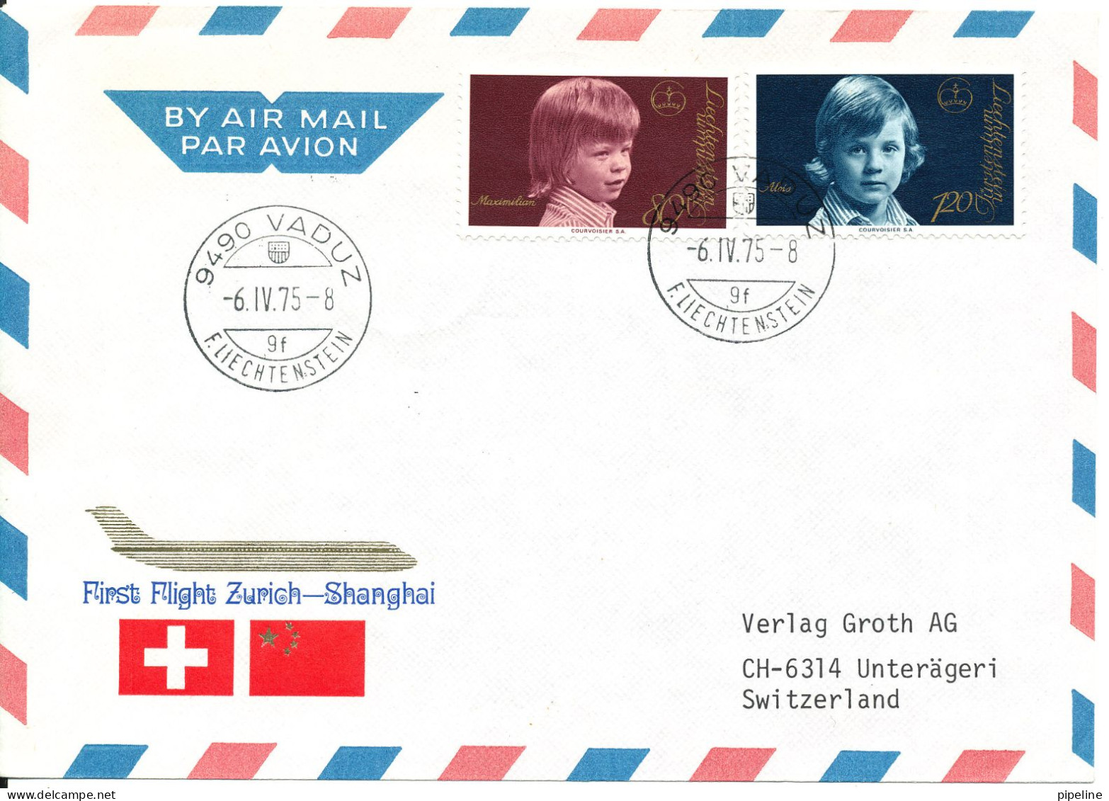 Liechtenstein First Swissair Flight Cover Zurich - Shanghai 6-4-1975 - Briefe U. Dokumente