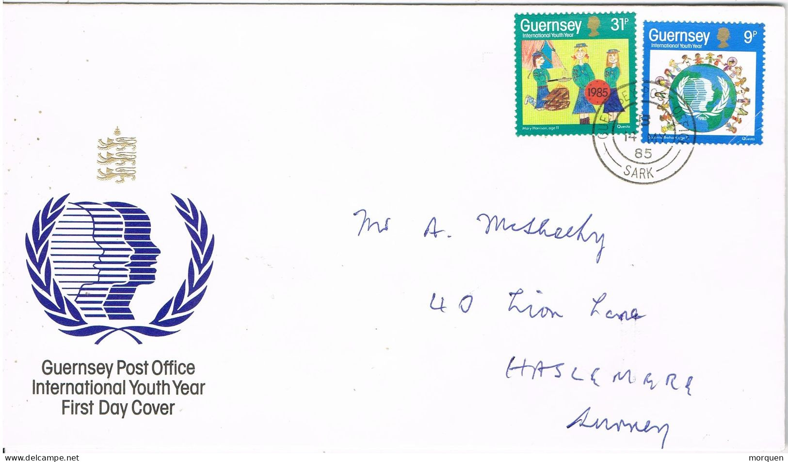 54128. Carta F.D.C.SARK (Guernsey) 1985, International Youth Year - Guernesey