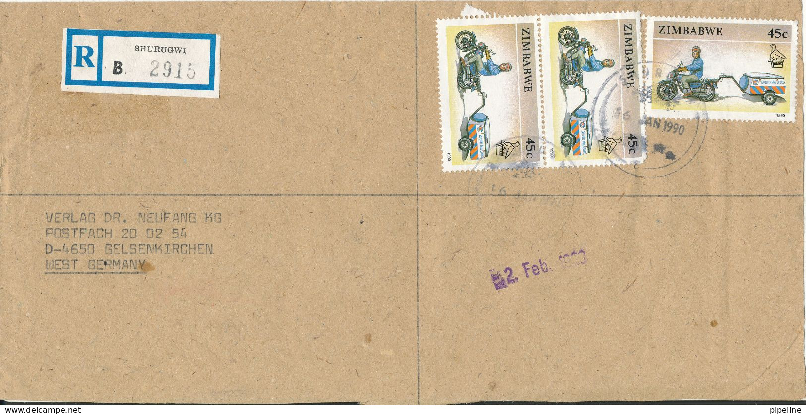 Zimbabwe Registered Cover Sent To Germany Shurugwi 26-1-1990 Motorbike Stamps - Zimbabwe (1980-...)